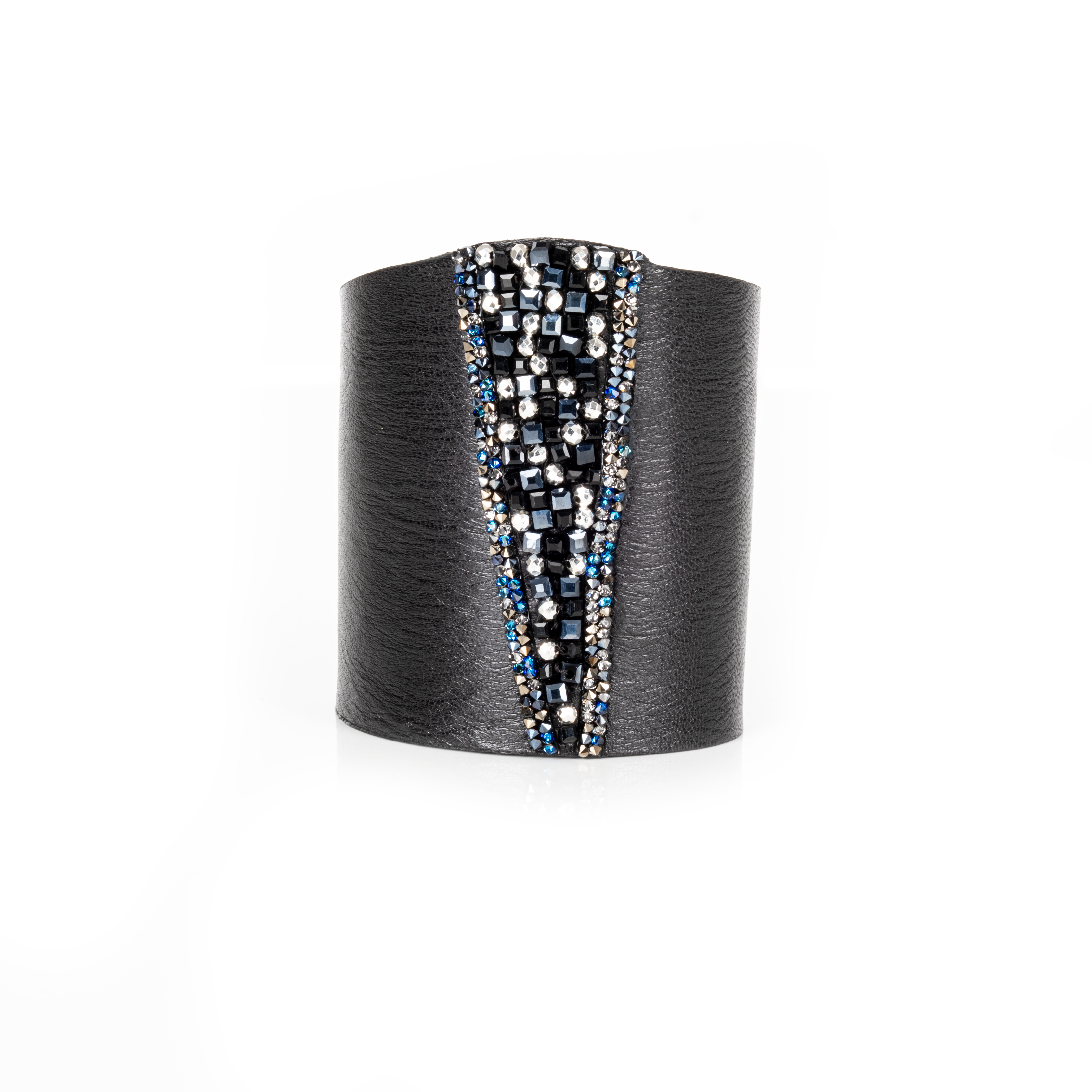 Black leather cuff bracelet with central stripe of black, silver, and blue crystals, handmade statement bracelet by THE DARK