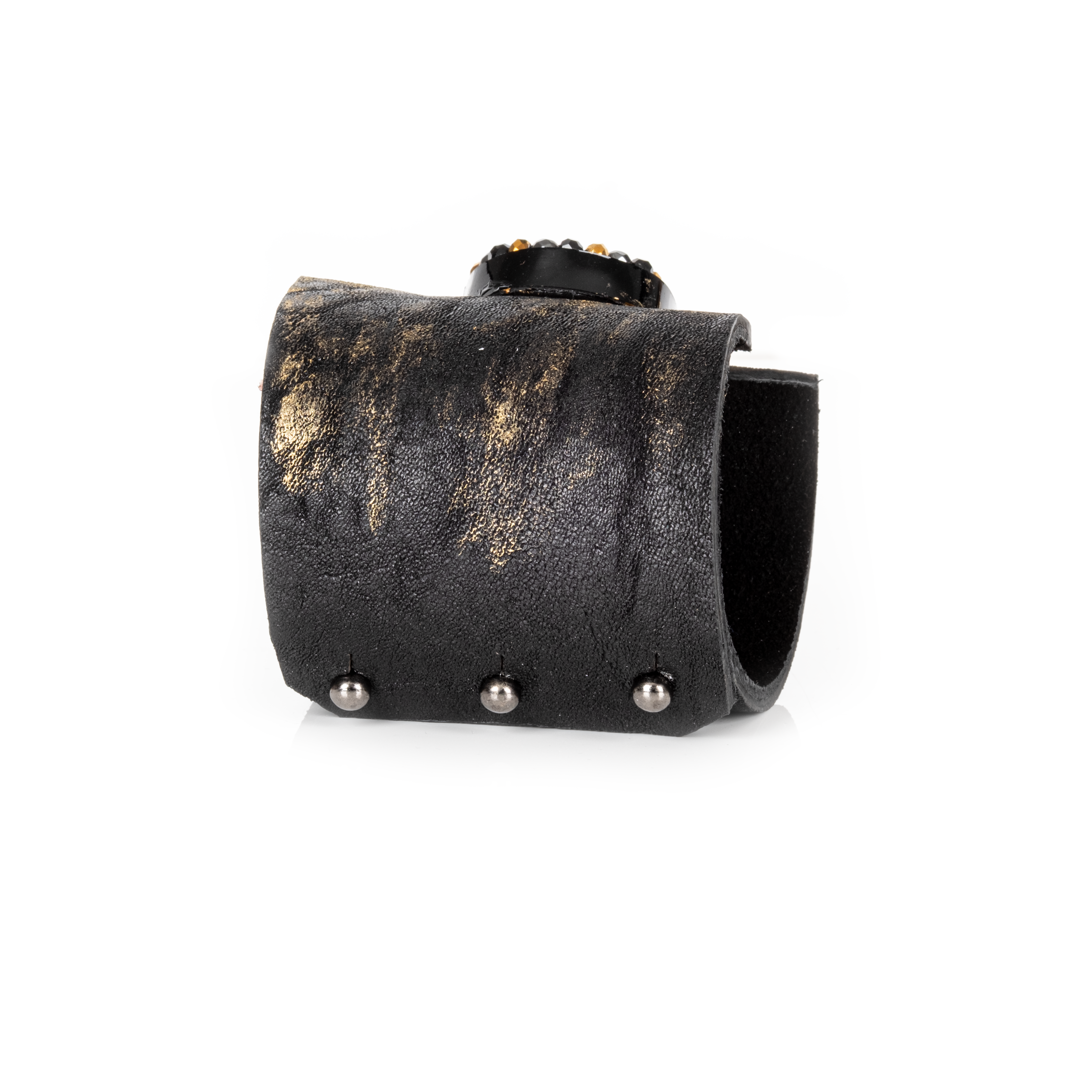Black leather cuff bracelet with gold brushed texture and round black and gold crystal cluster centerpiece, handmade bracelet by THE DARK