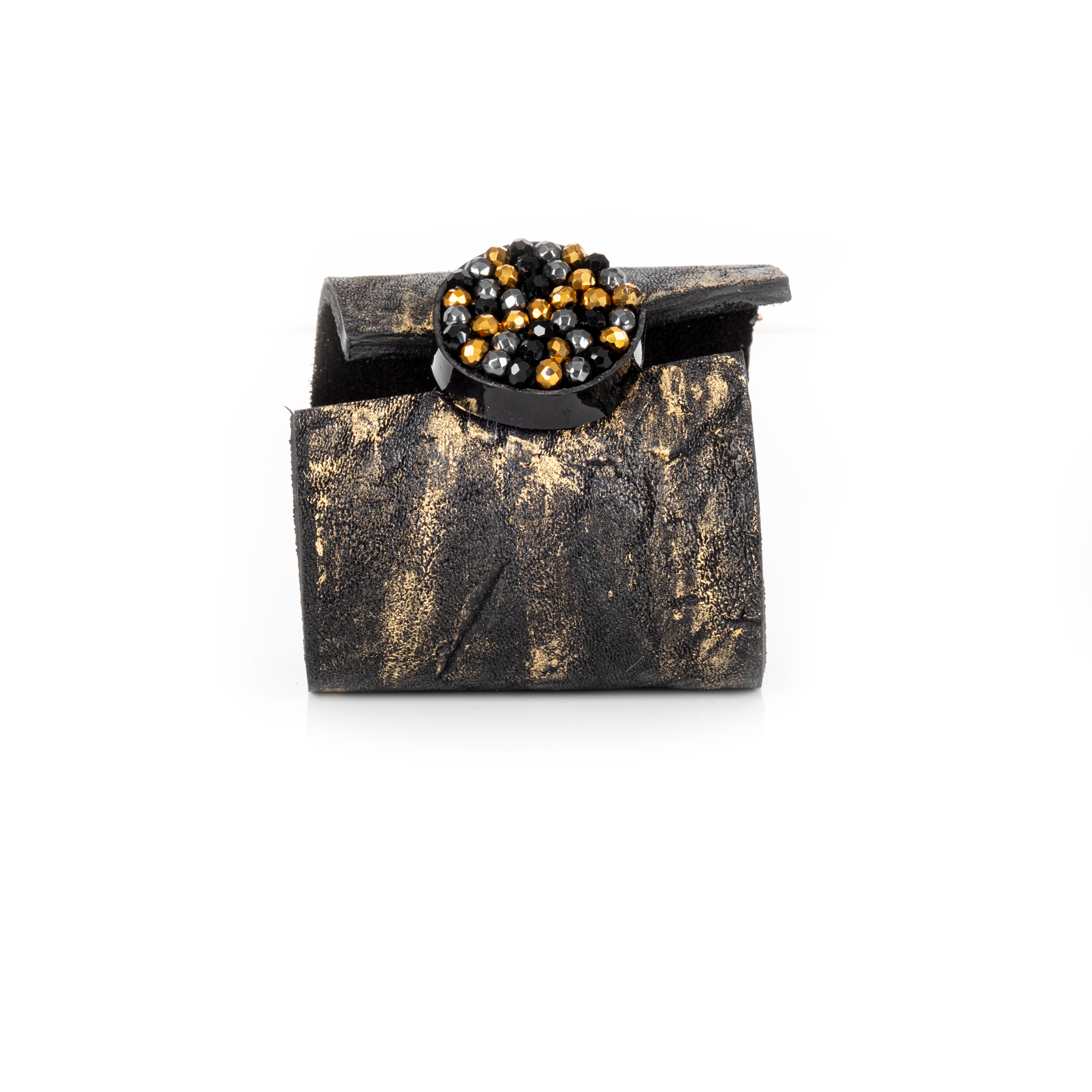 Black leather cuff bracelet with gold brushed texture and round black and gold crystal cluster centerpiece, handmade bracelet by THE DARK