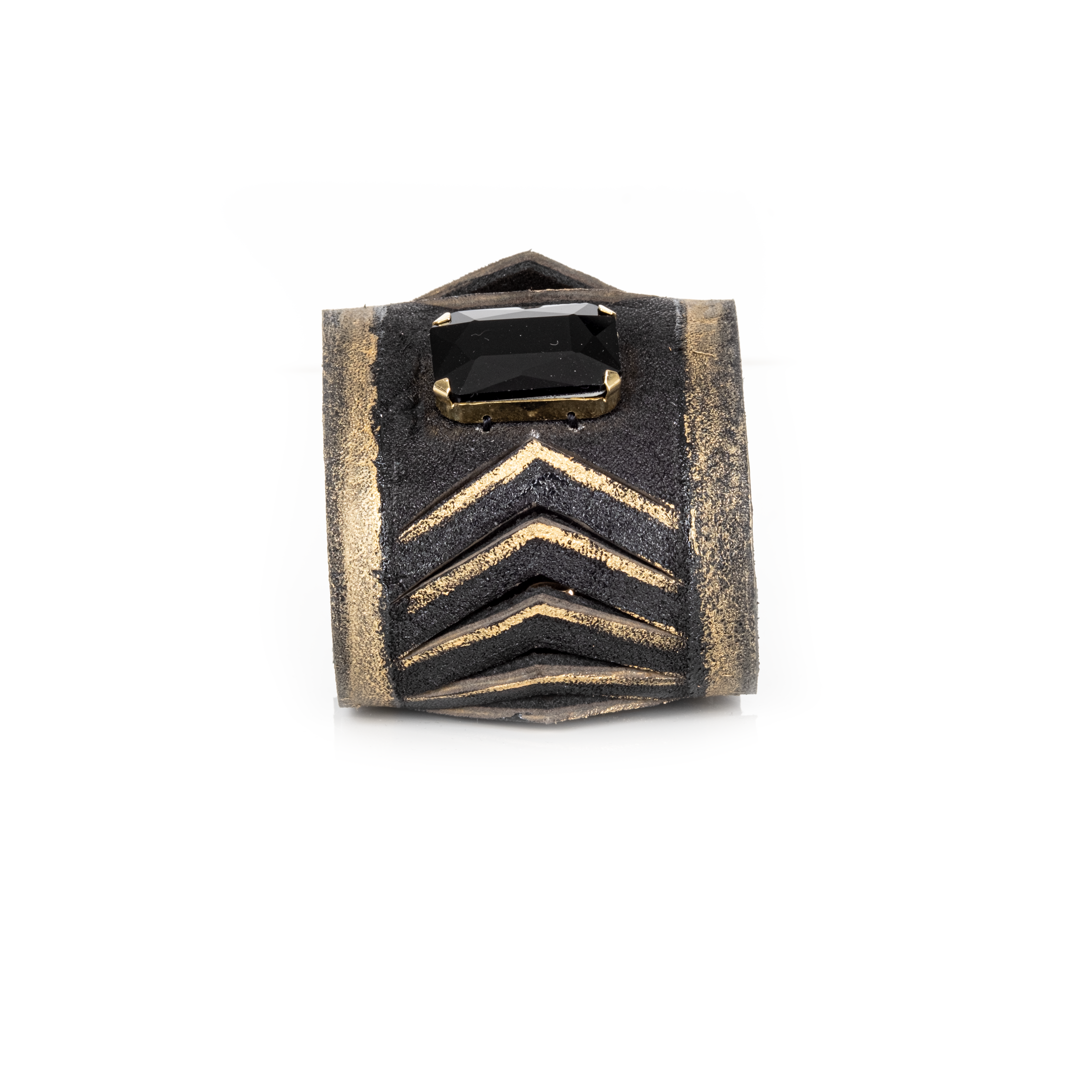 Black leather cuff bracelet with gold chevron detailing and rectangular black crystal centerpiece, handmade statement bracelet by THE DARK