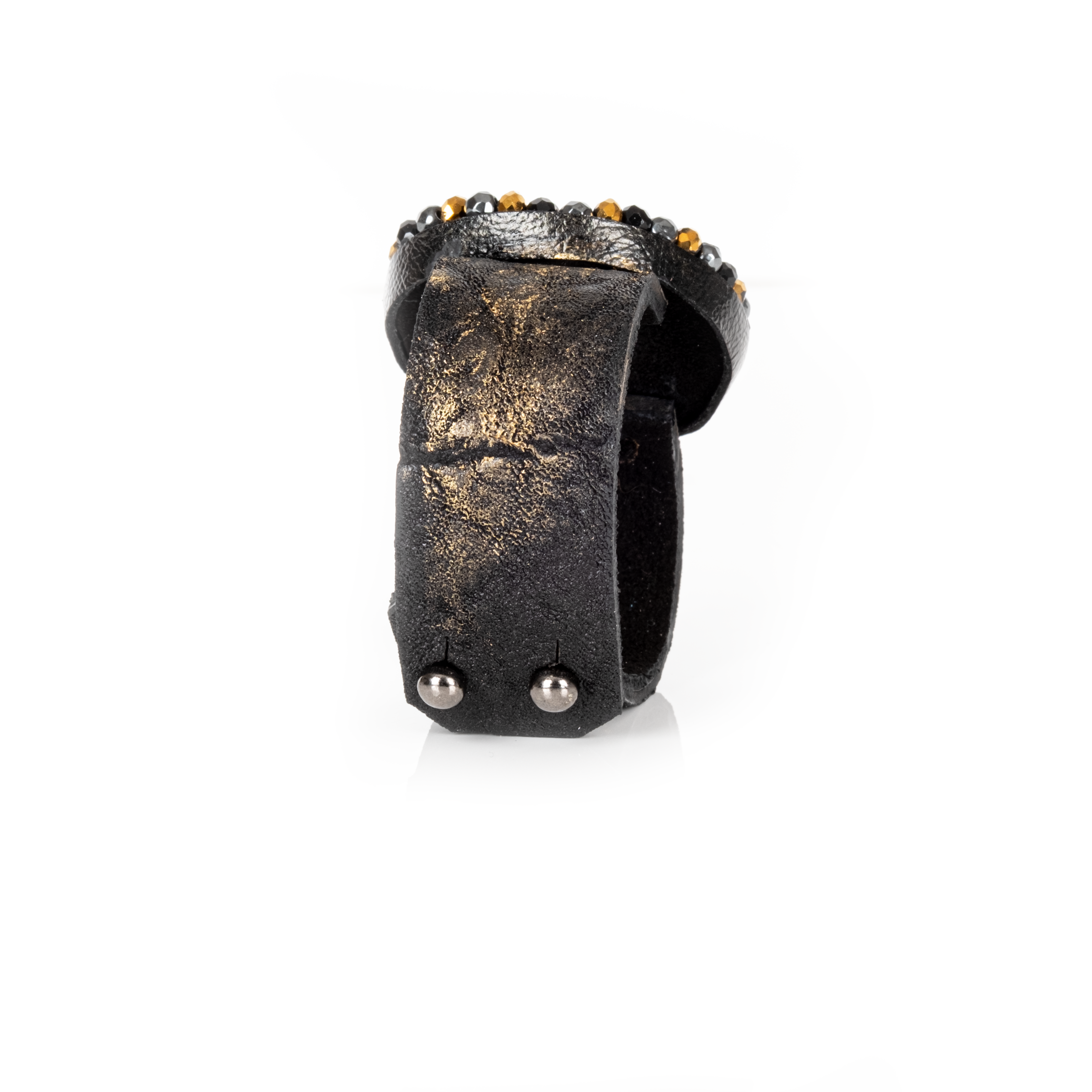 Black leather cuff bracelet with circular halo of black, gunmetal and gold crystals, handmade statement bracelet by THE DARK