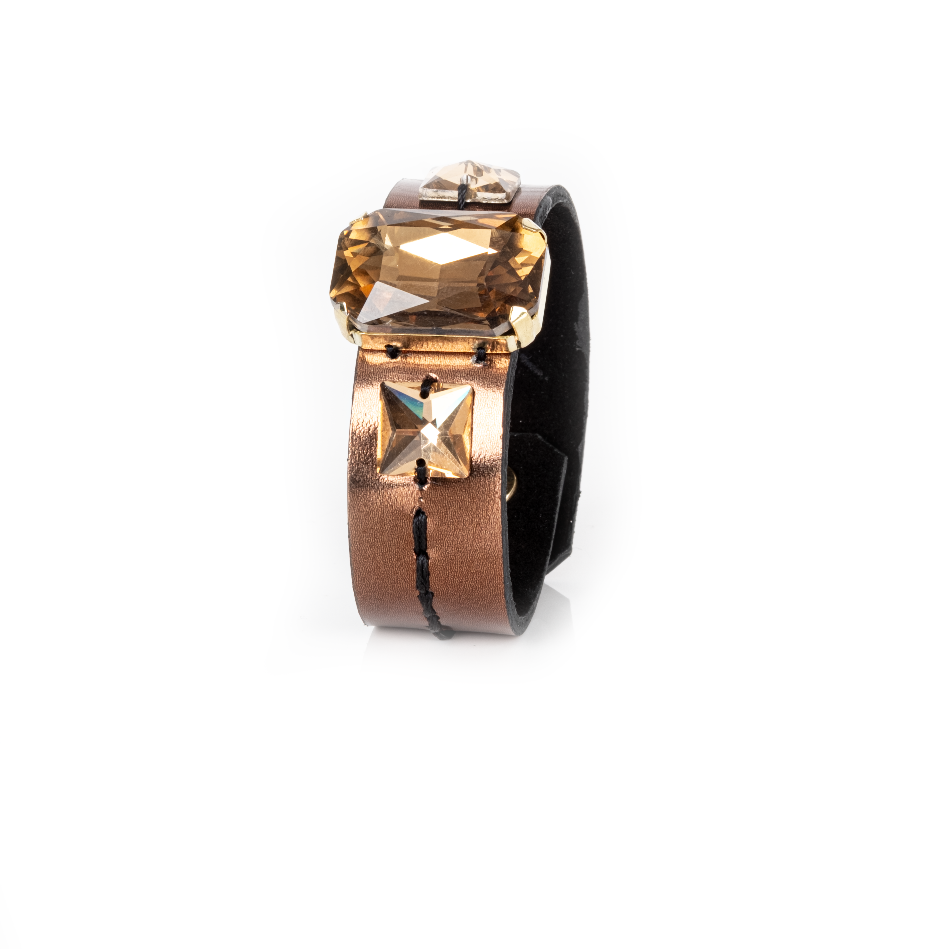 Gold leather cuff bracelet with large amber crystal centerpiece and square crystal accent, handmade statement bracelet by THE DARK