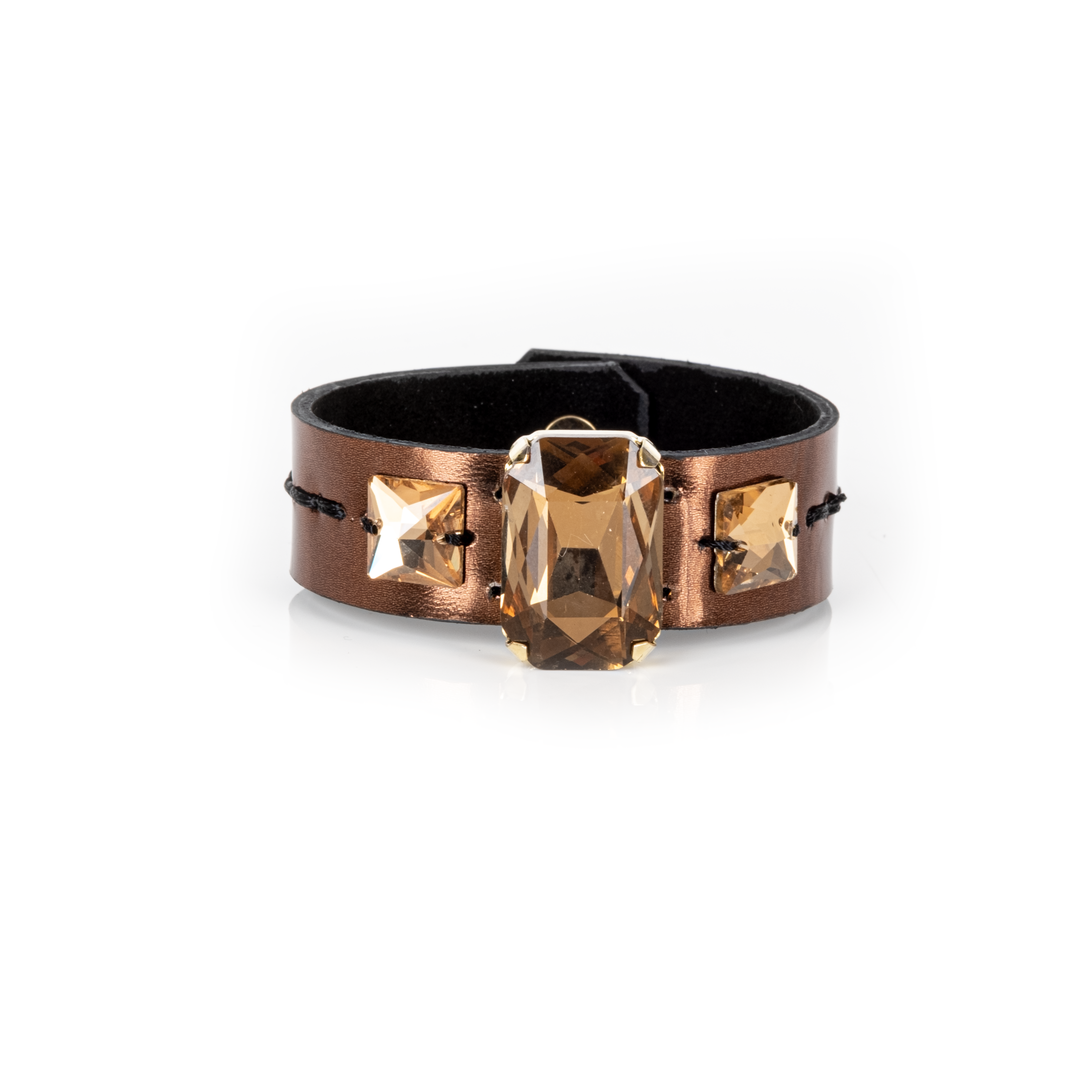 Gold leather cuff bracelet with large amber crystal centerpiece and square crystal accent, handmade statement bracelet by THE DARK