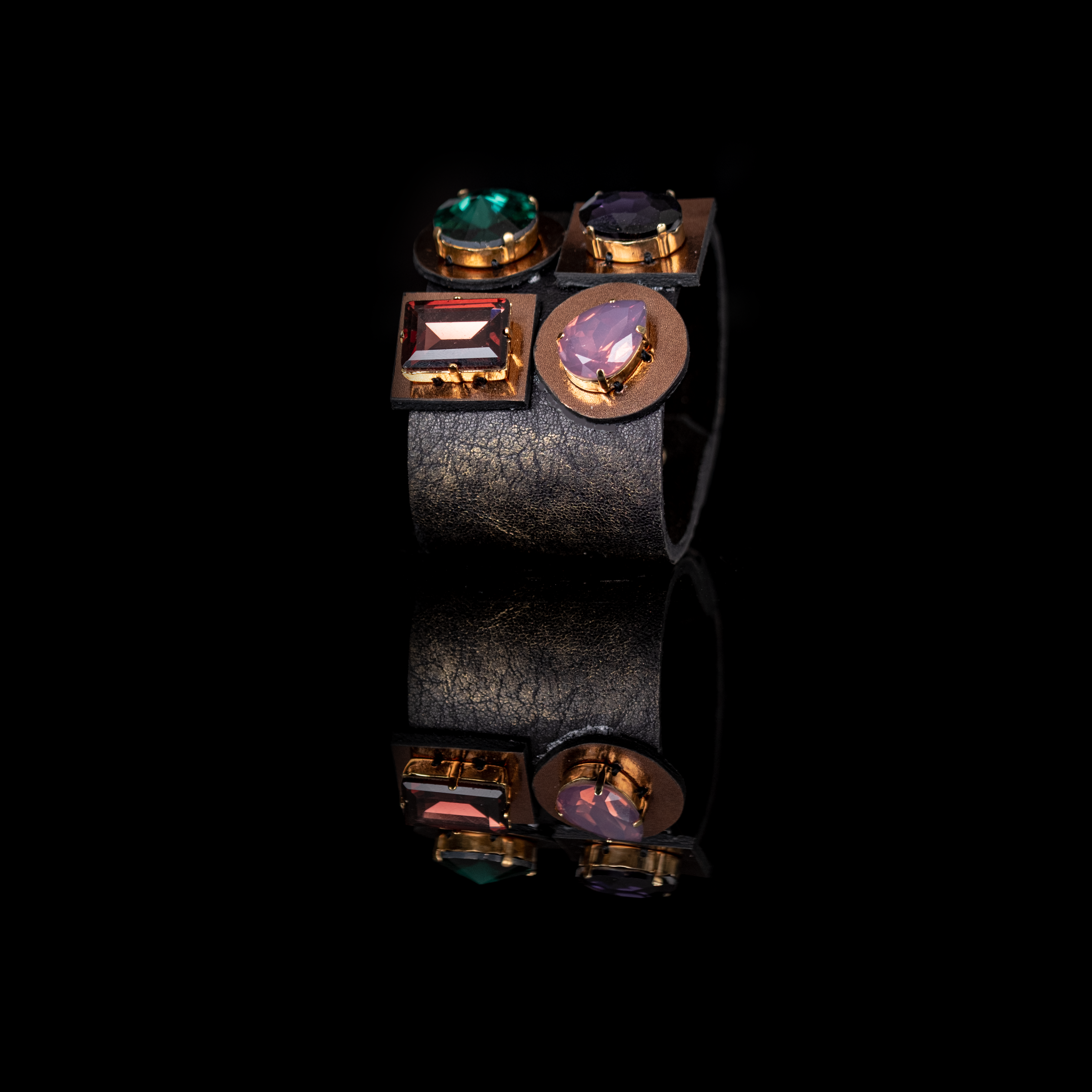 Black leather cuff bracelet with emerald, amethyst, ruby and rose crystal stones, handmade statement bracelet by THE DARK