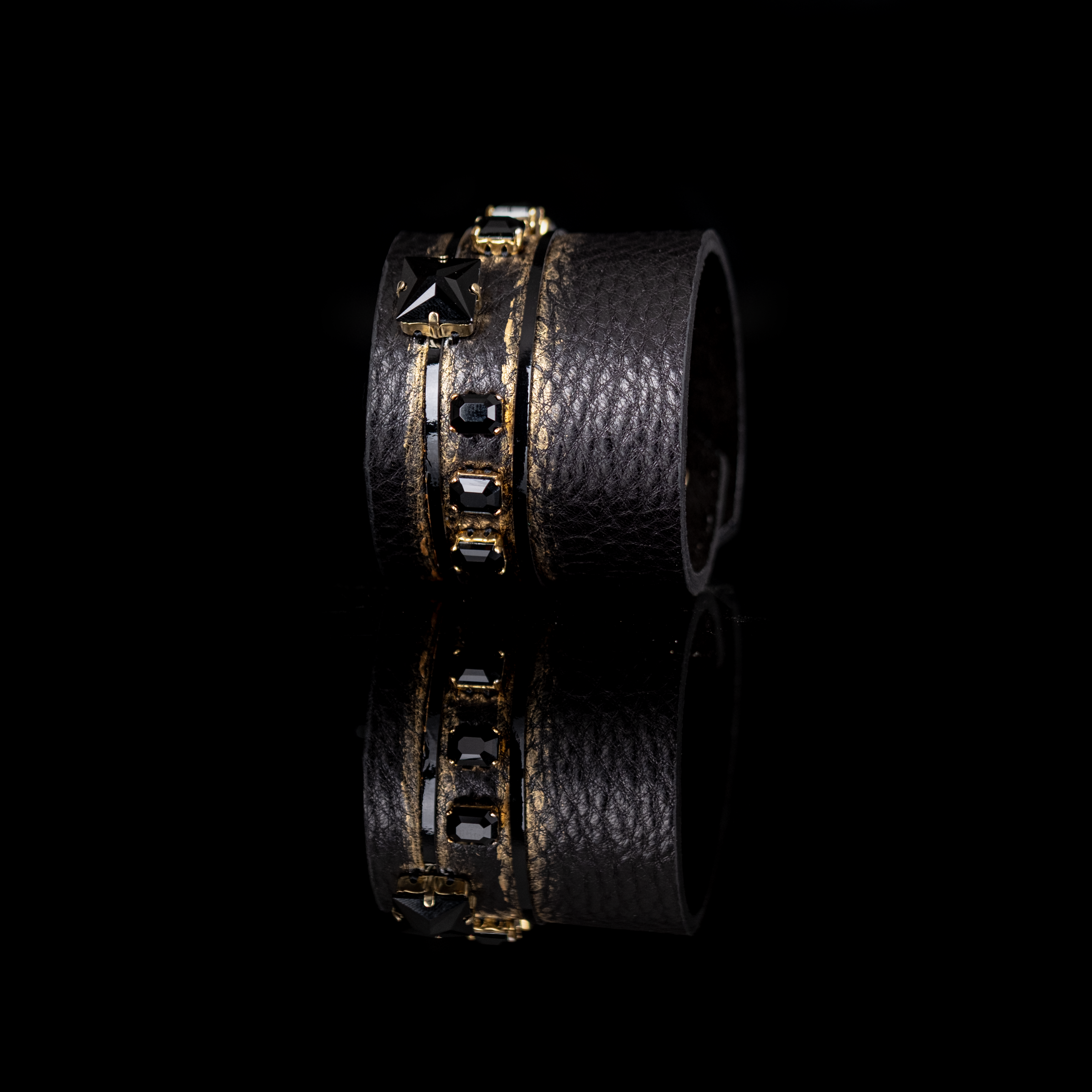 Black leather cuff bracelet with black star crystal and geometric crystal accents, handmade statement cuff by THE DARK