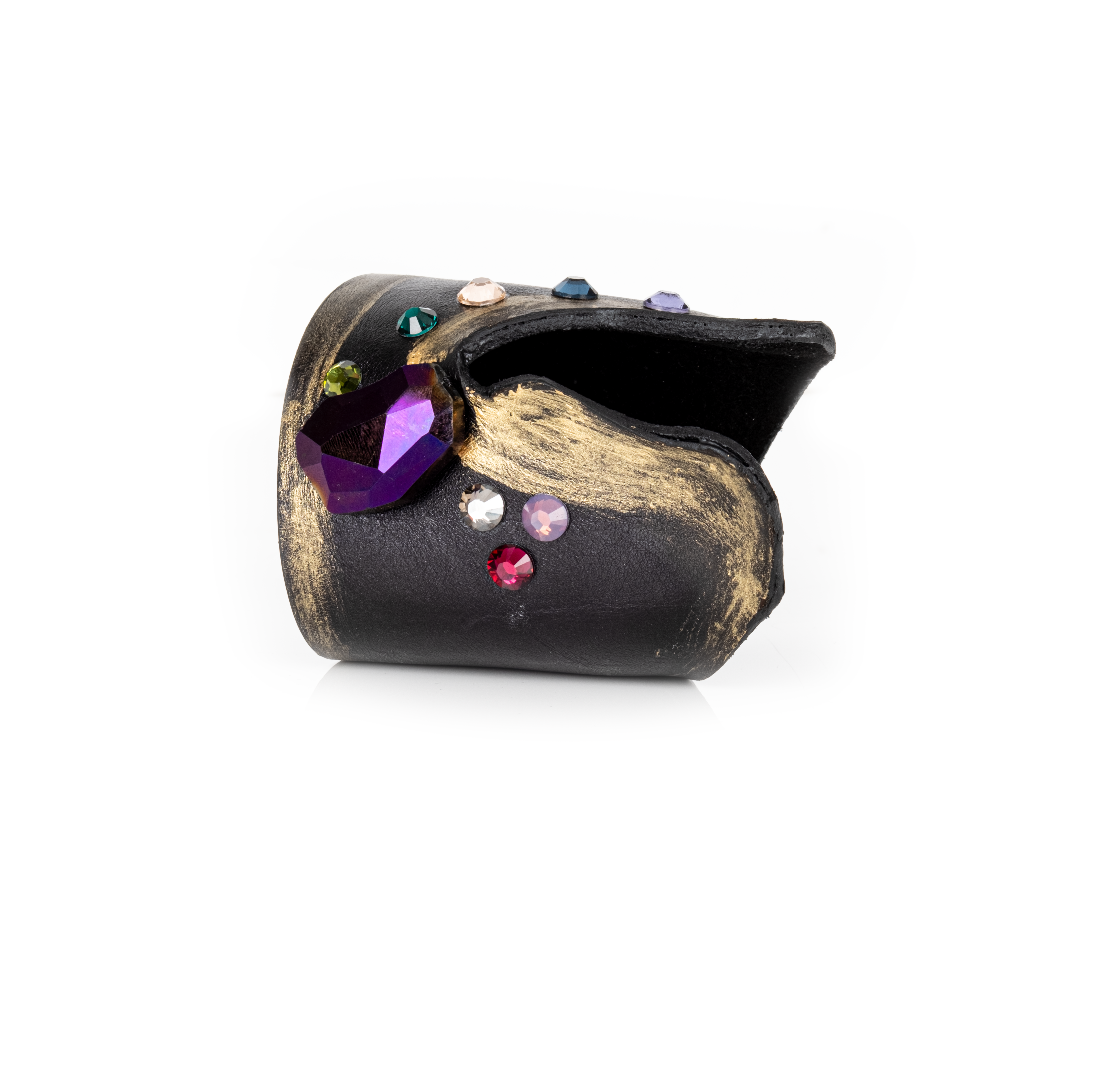 Black leather cuff bracelet with purple prism crystal and multicolor stone accents, handmade statement bracelet by THE DARK