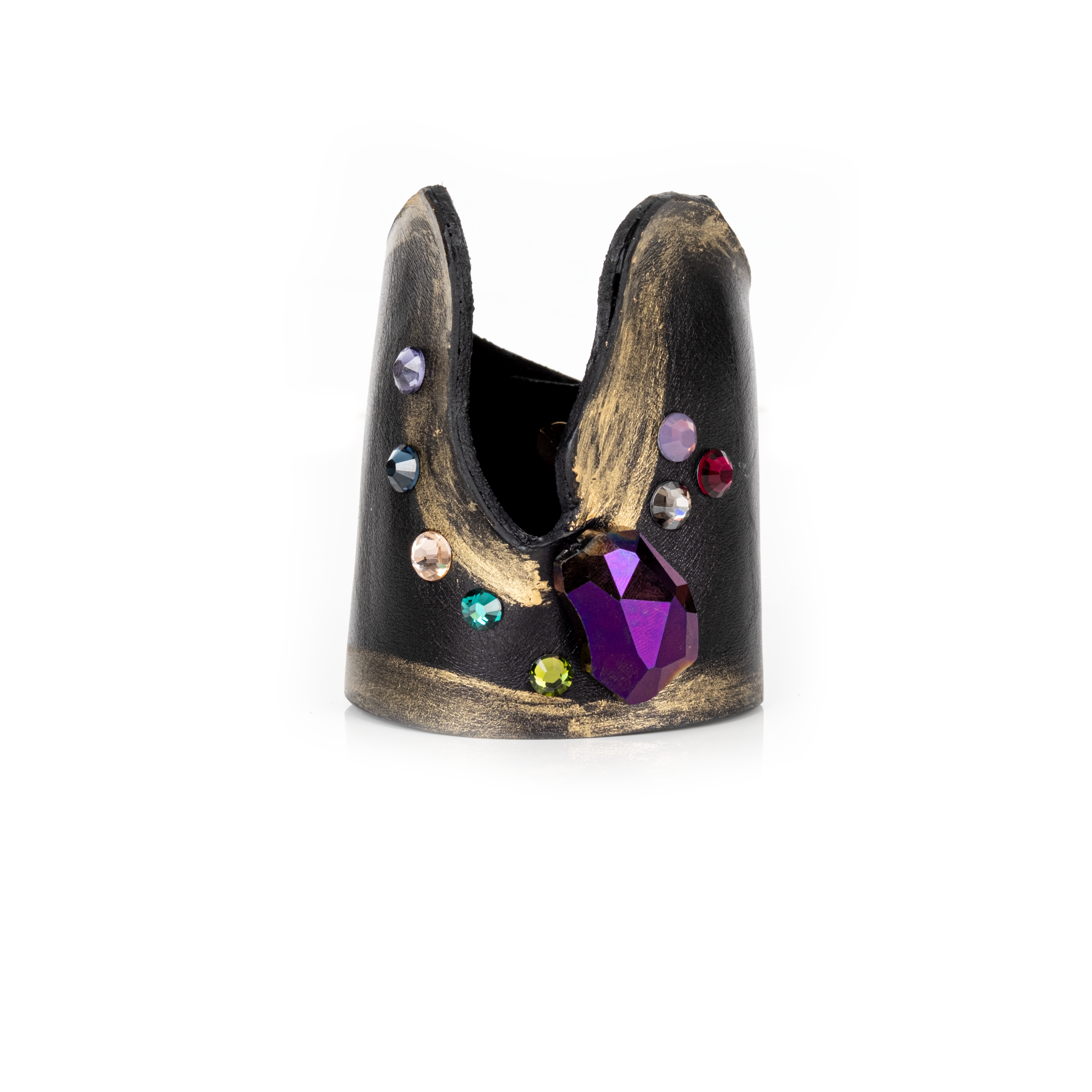 Black leather cuff bracelet with purple prism crystal and multicolor stone accents, handmade statement bracelet by THE DARK