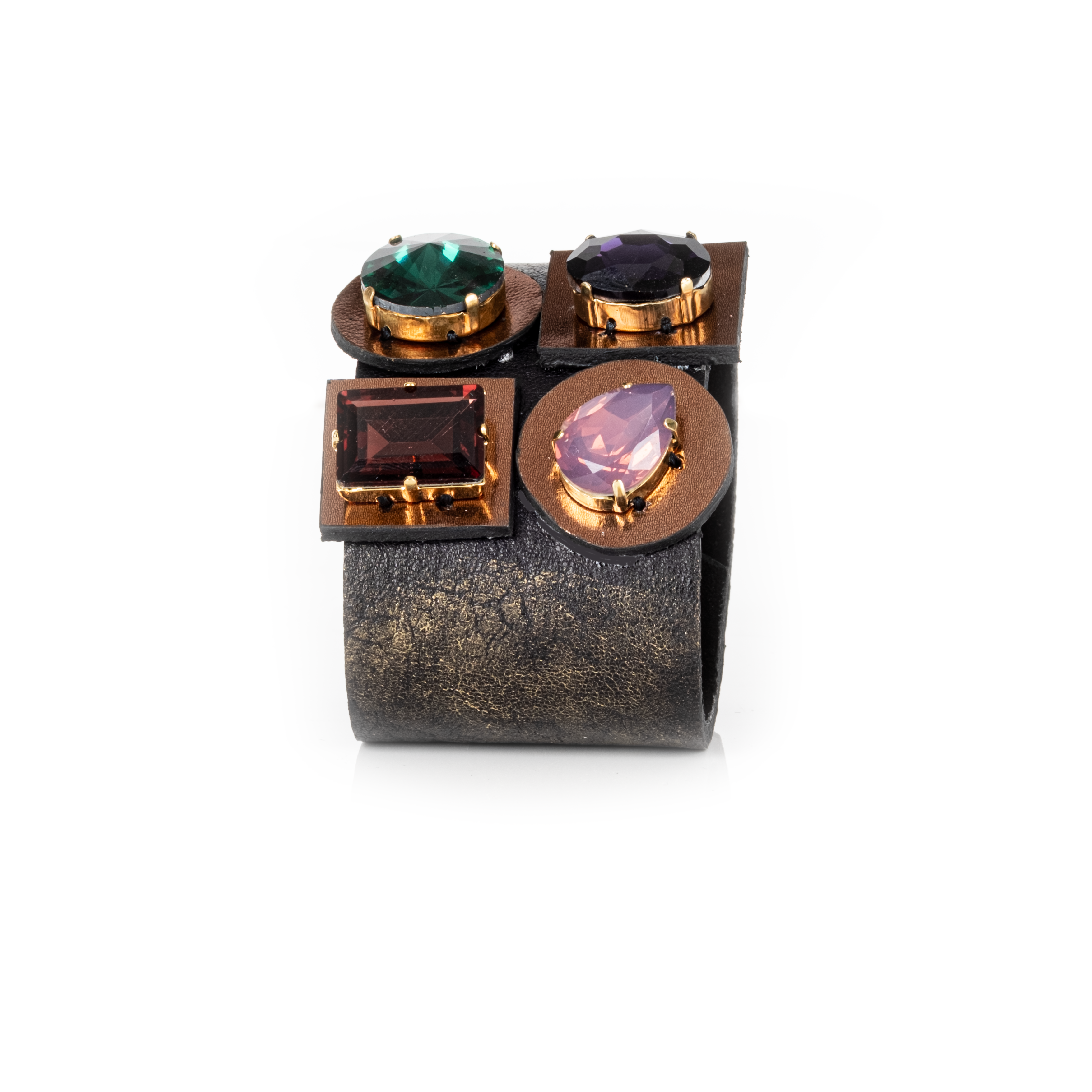Black leather cuff bracelet with emerald, amethyst, ruby and rose crystal stones, handmade statement bracelet by THE DARK