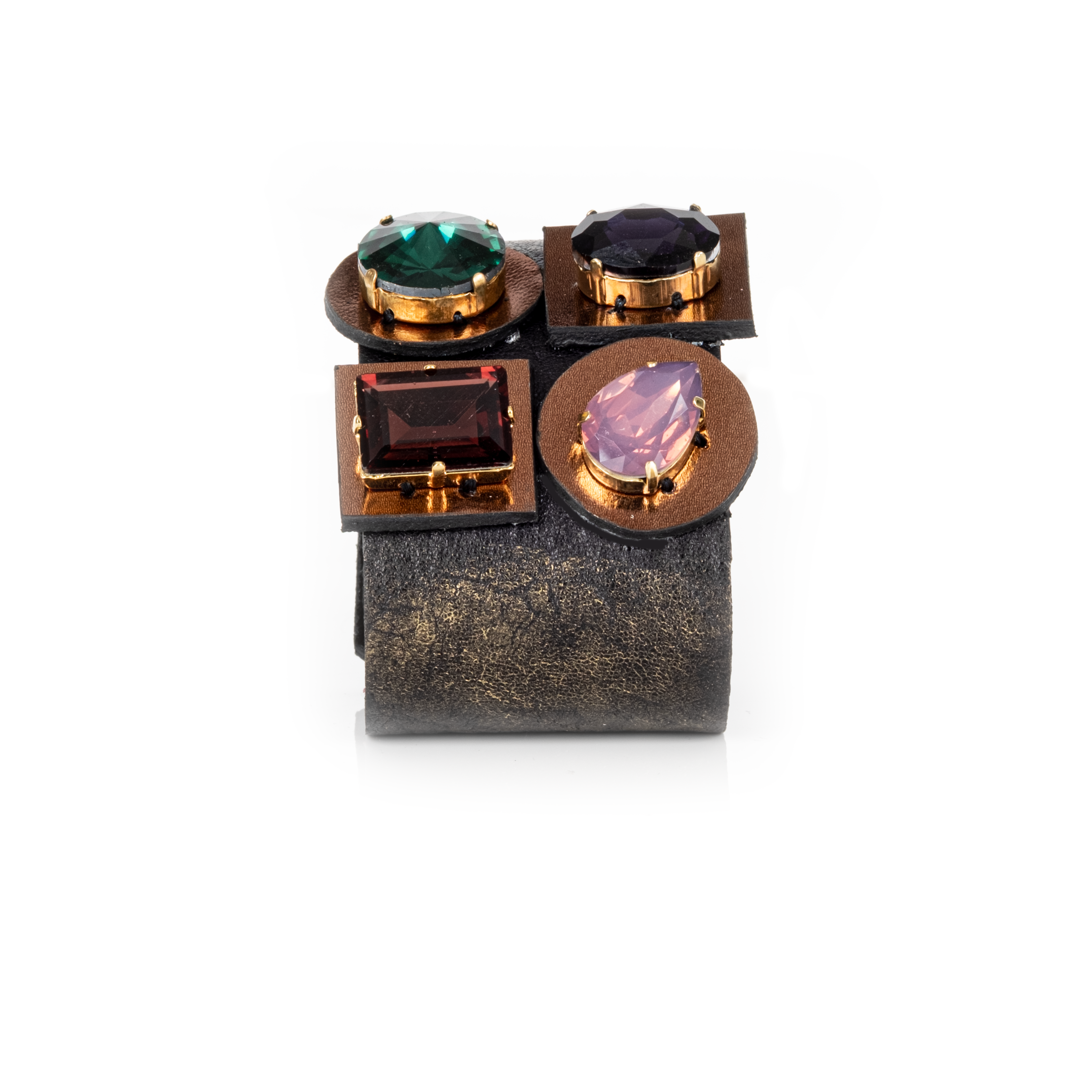 Black leather cuff bracelet with emerald, amethyst, ruby and rose crystal stones, handmade statement bracelet by THE DARK