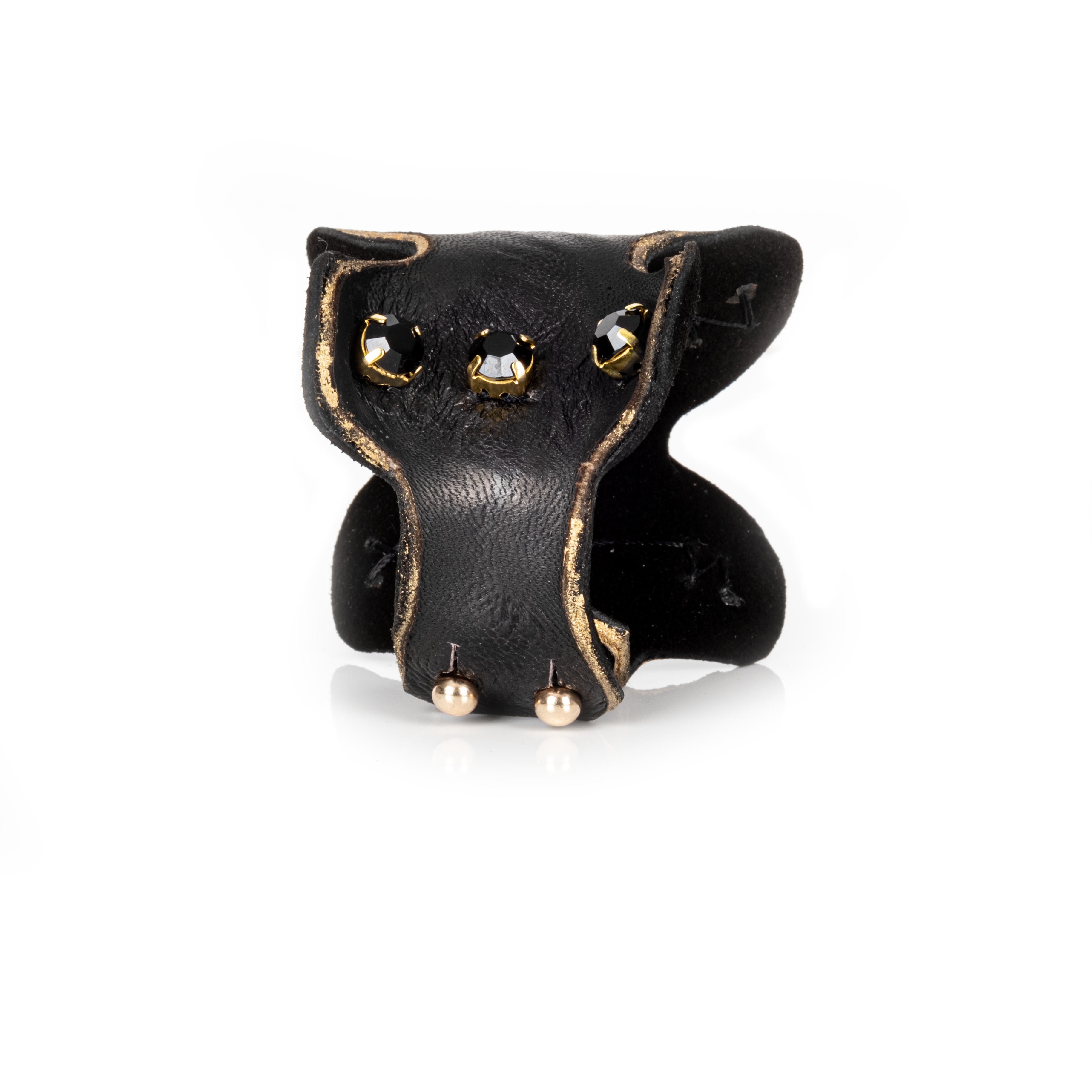 Black sculpted leather cuff bracelet with black faceted crystals and gold mounts, handmade statement bracelet by THE DARK
