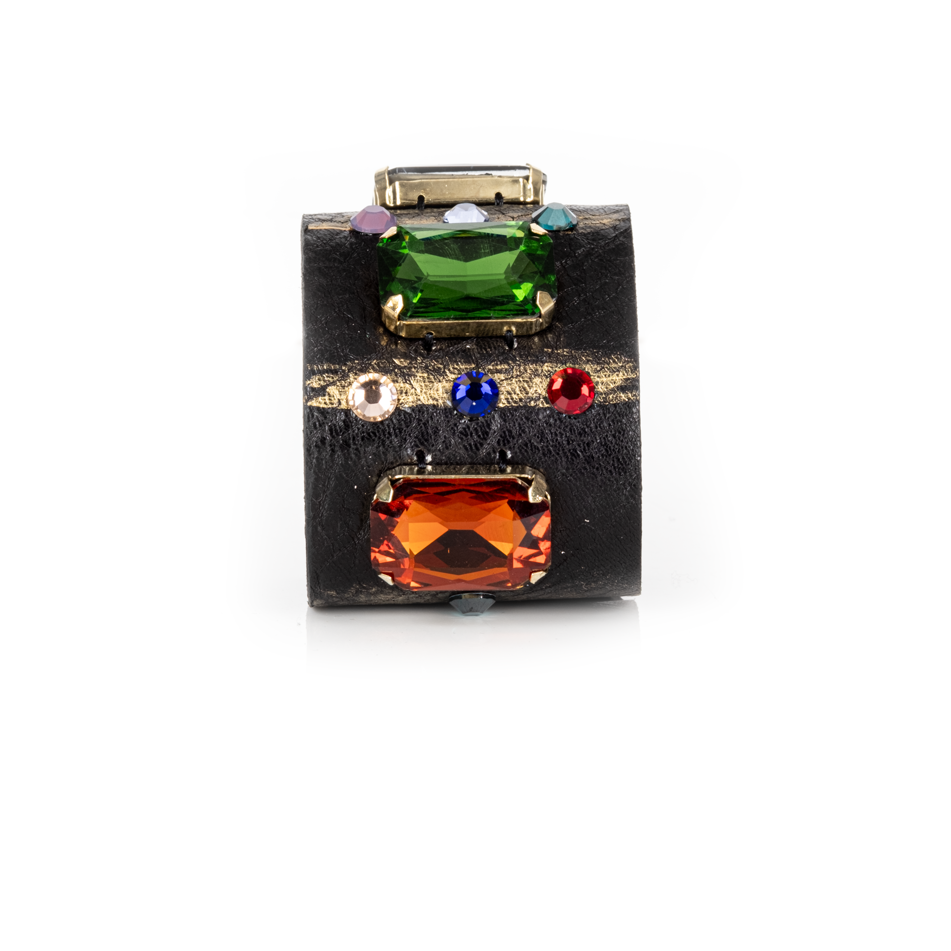 Black leather cuff bracelet with emerald green and amber crystals and multicolor stone accents, handmade statement bracelet by THE DARK