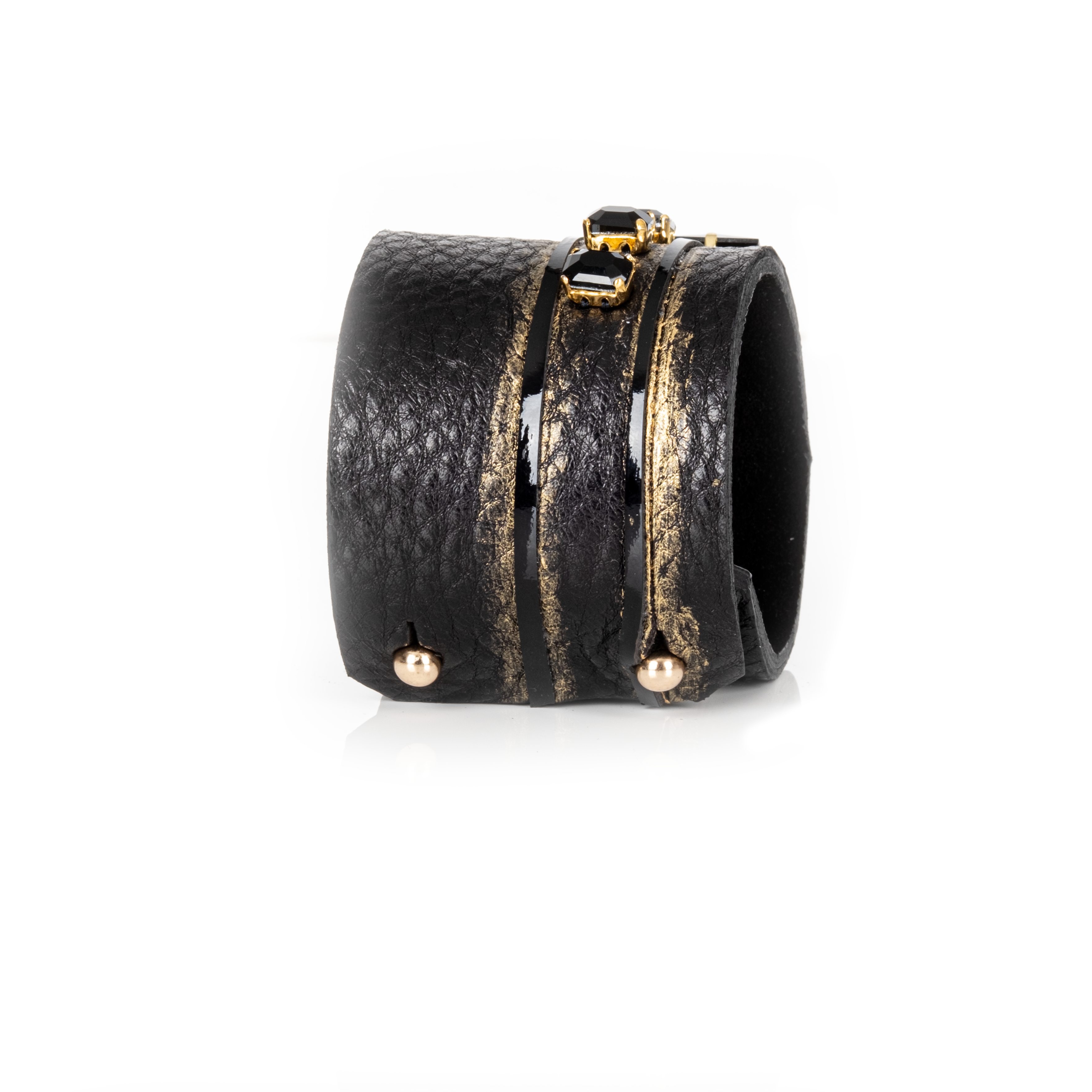 Black leather cuff bracelet with black star crystal and geometric crystal accents, handmade statement cuff by THE DARK