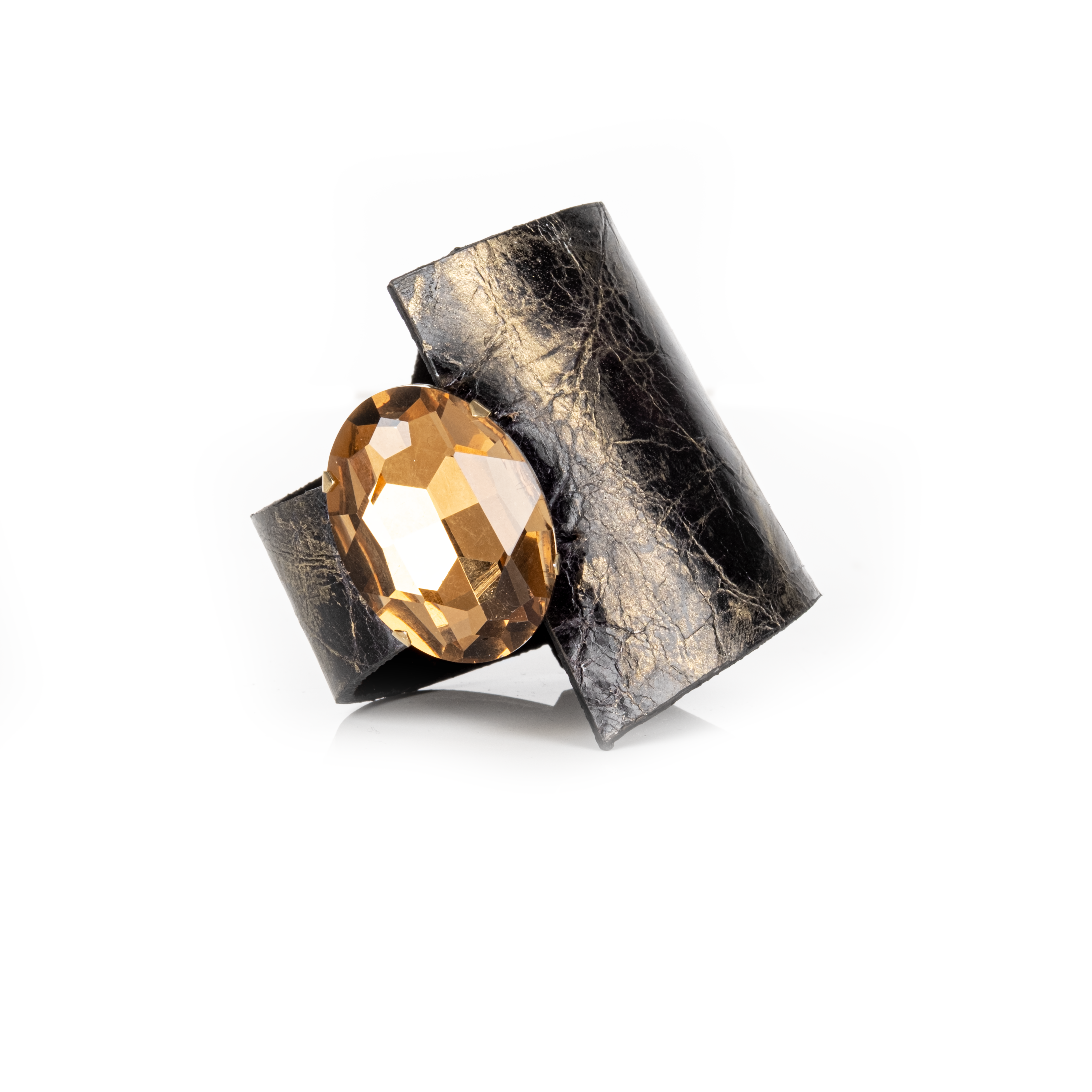 Black leather cuff bracelet with large amber crystal centerpiece in gold setting, handmade statement bracelet by THE DARK