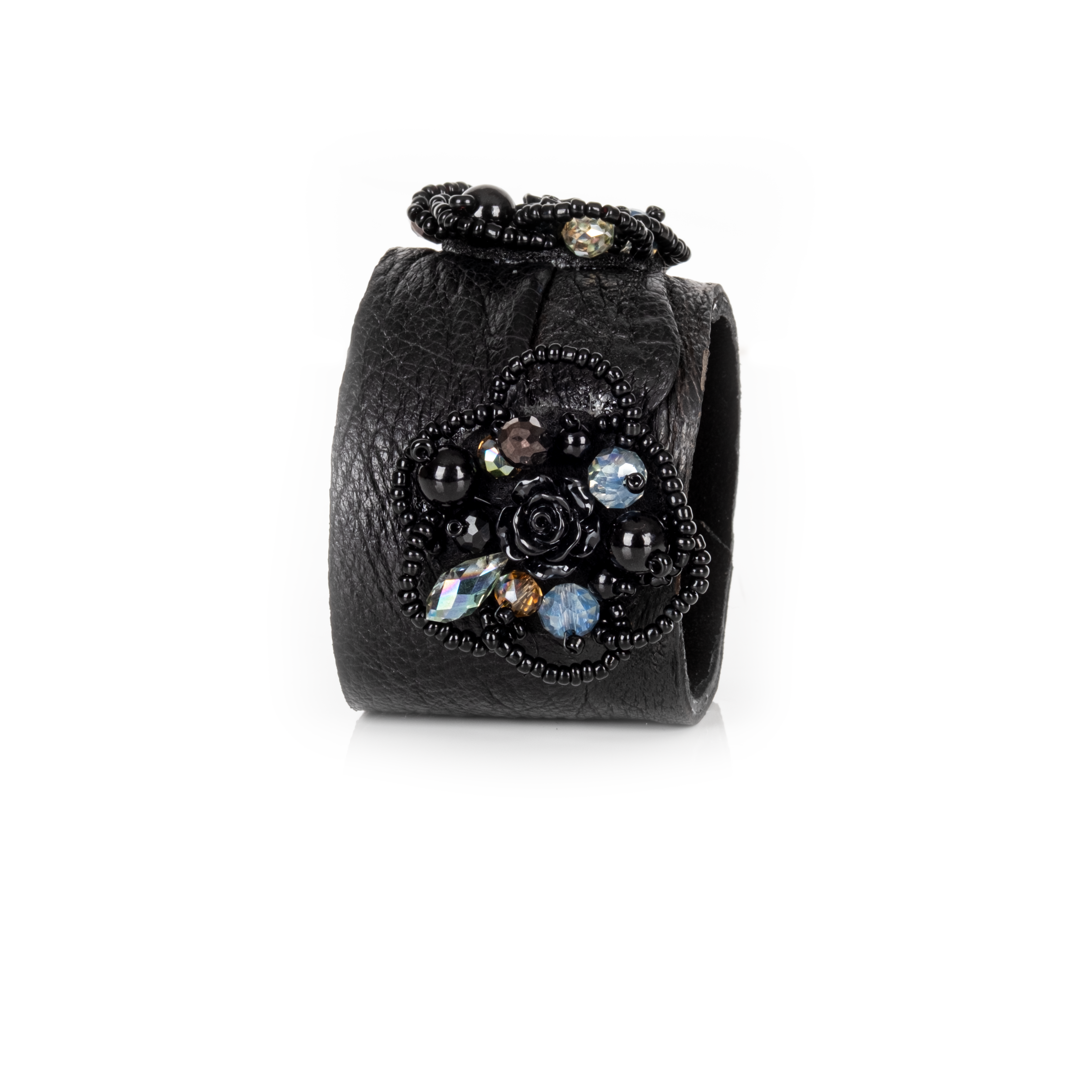 Black leather cuff bracelet with black floral bead embroidery and crystal accents, handmade statement bracelet by THE DARK