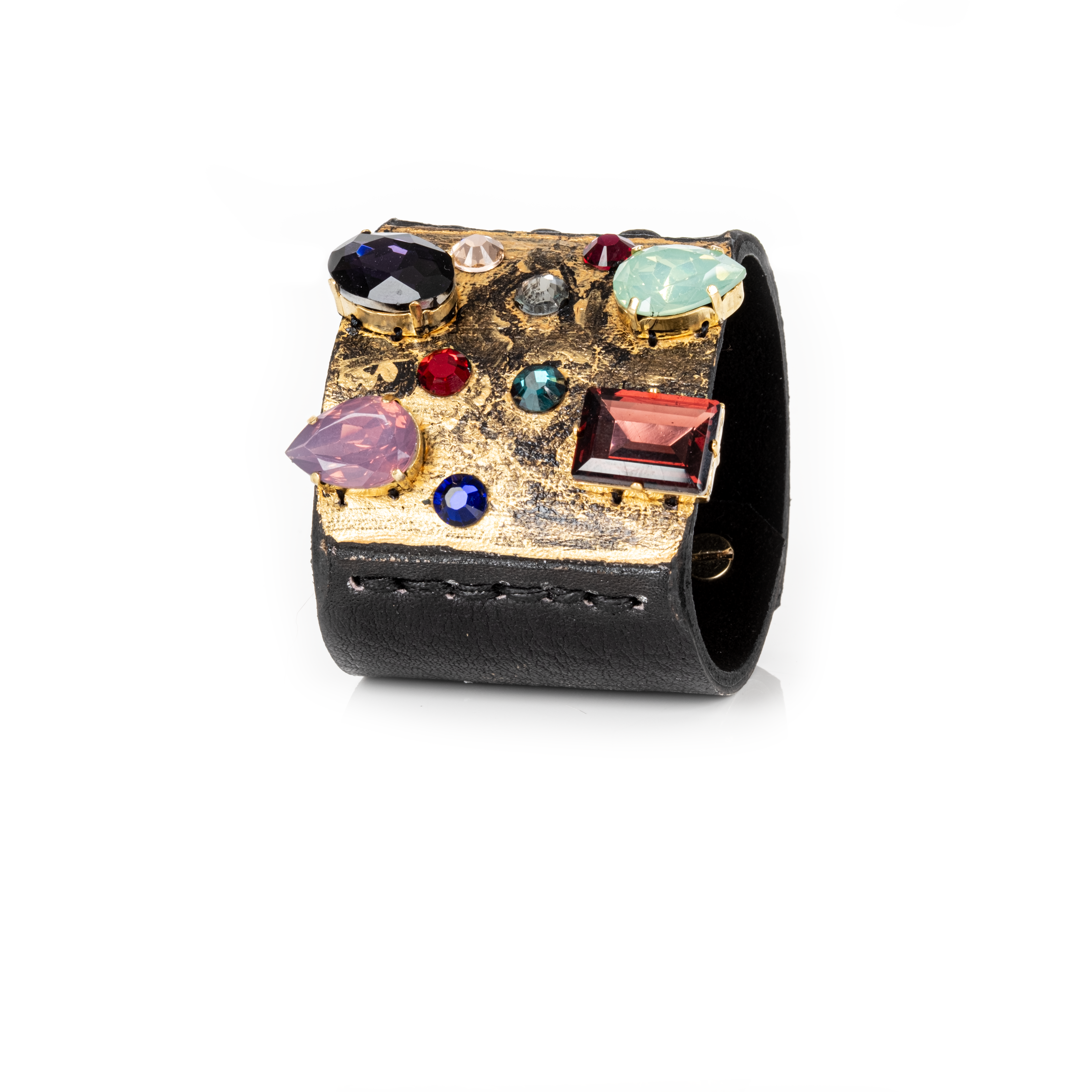 Black leather cuff with gold textured surface and multicolor crystal embellishments, statement bracelet