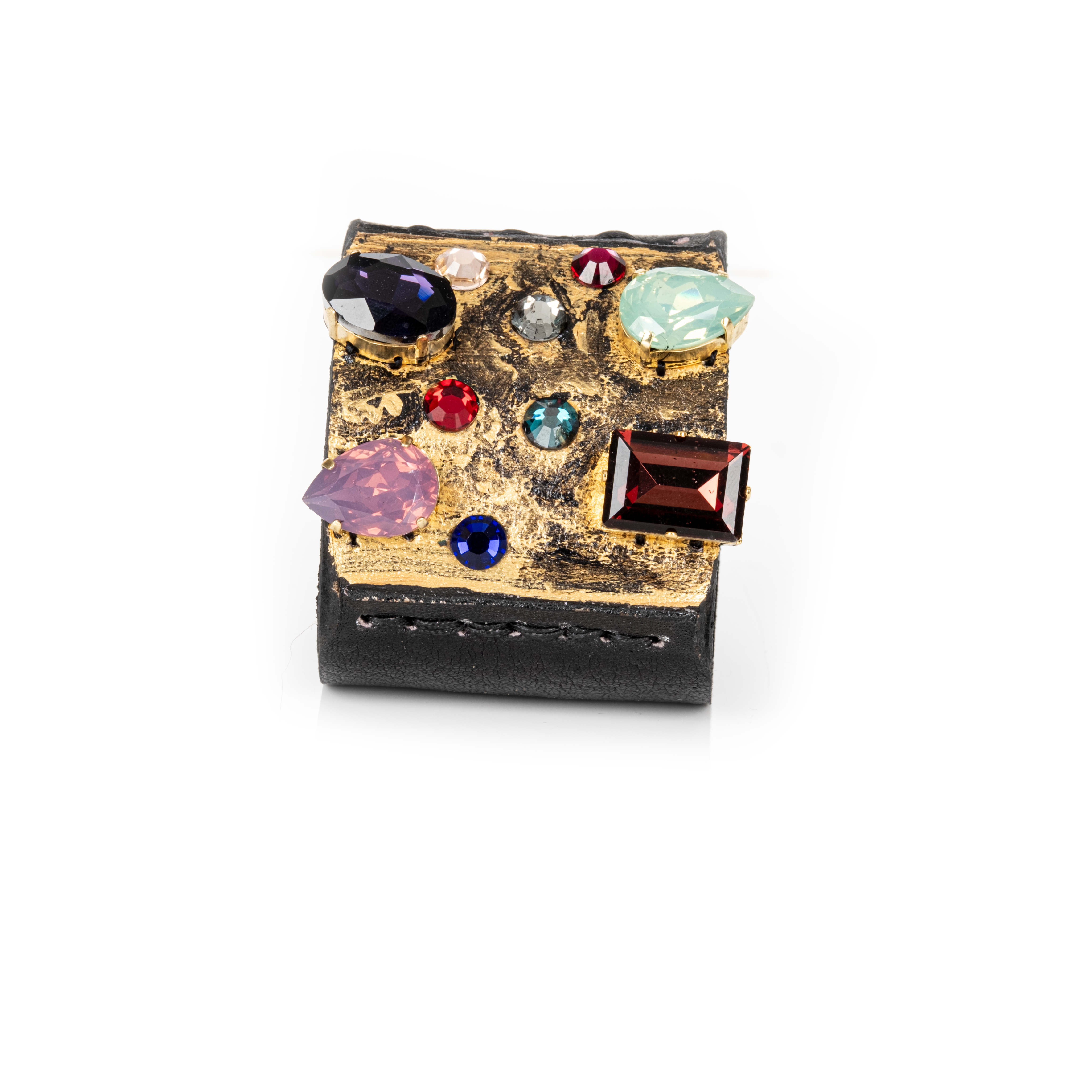 Black leather cuff with gold textured surface and multicolor crystal embellishments, statement bracelet