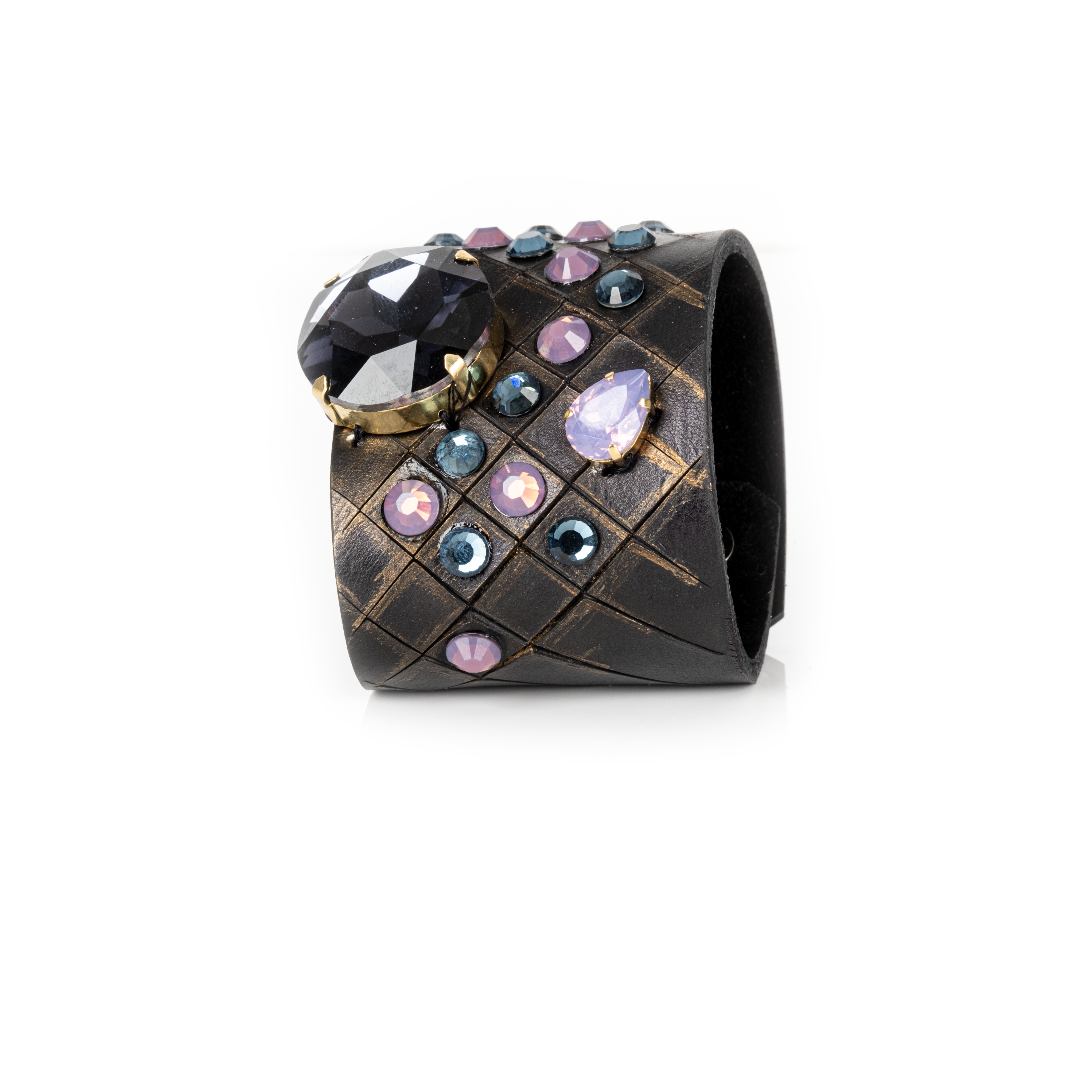 Black leather cuff with large black crystal and multicolor studded crystals, geometric statement bracelet