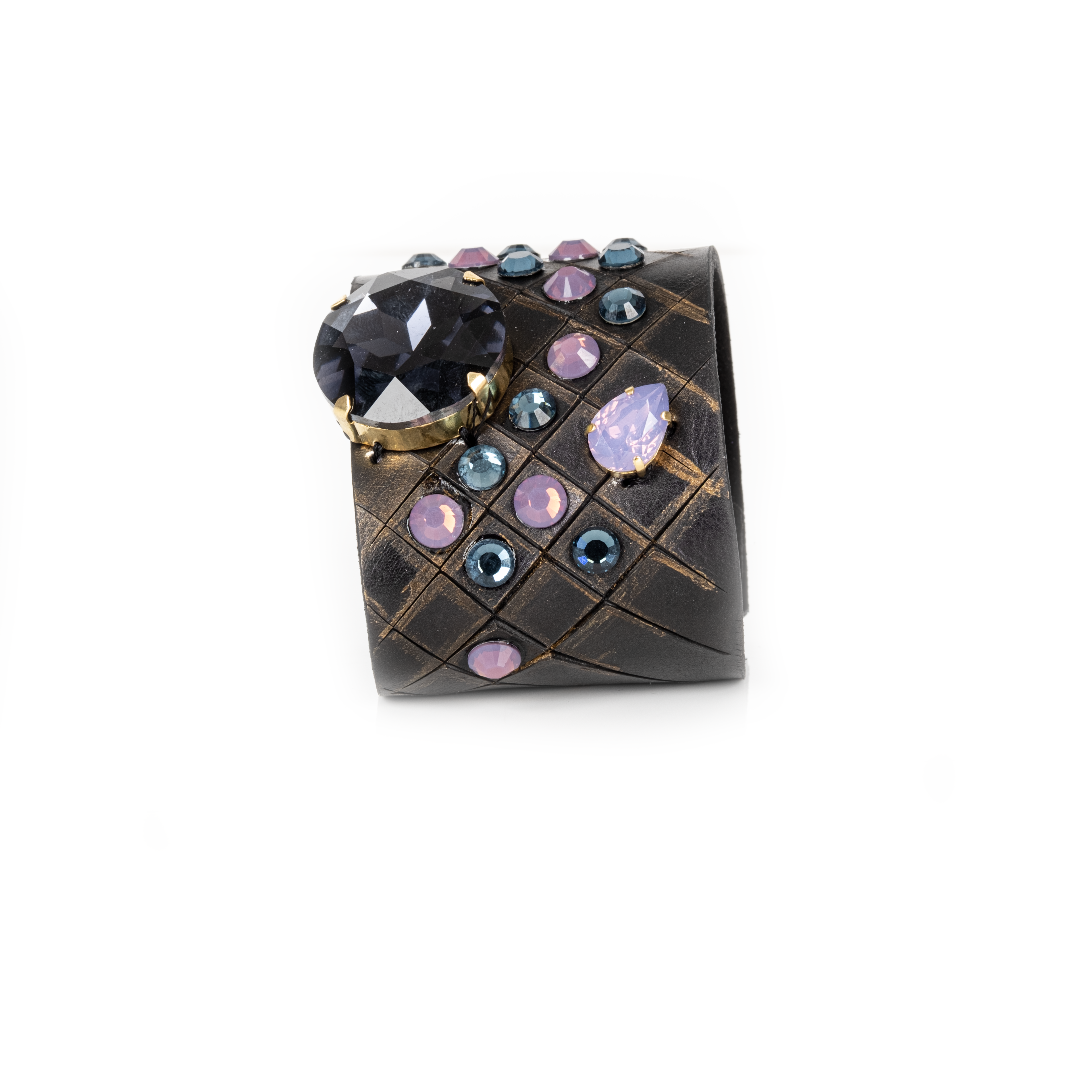 Black leather cuff with large black crystal and multicolor studded crystals, geometric statement bracelet
