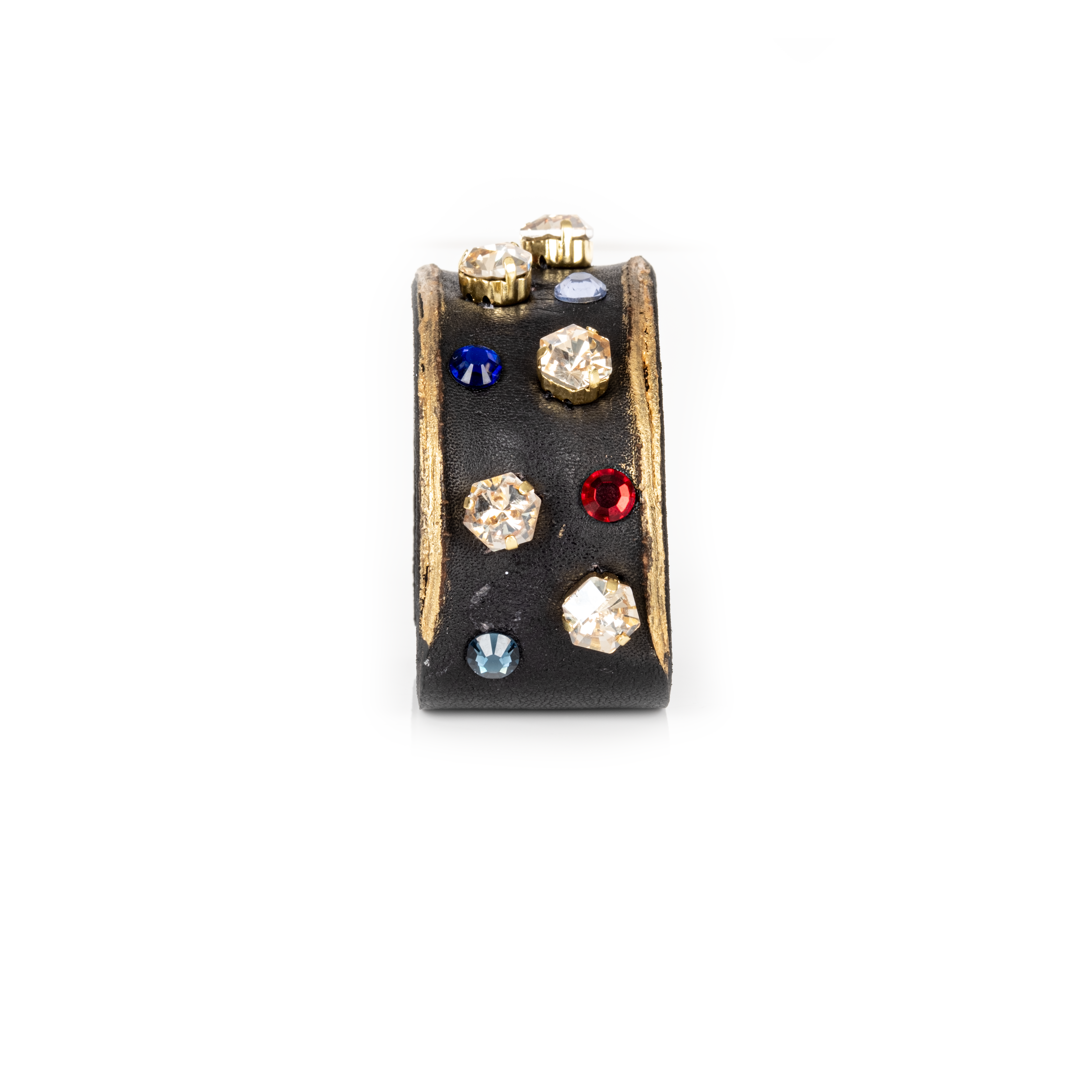 Black leather cuff with gold edges and scattered multicolor crystals, minimalist statement bracelet