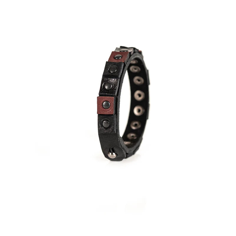 Men's Black & Brown Leather Studded Bracelet Handmade Industrial Rivet Cuff