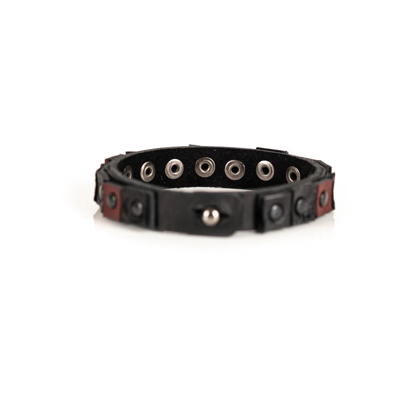 Men's Black & Brown Leather Studded Bracelet Handmade Industrial Rivet Cuff