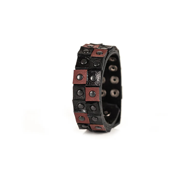 Men's Black & Brown Leather Studded Cuff Bracelet Handmade Double Row Rivet Wristband