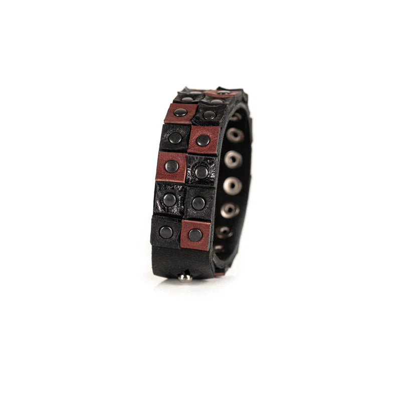 Men's Black & Brown Leather Studded Cuff Bracelet Handmade Double Row Rivet Wristband