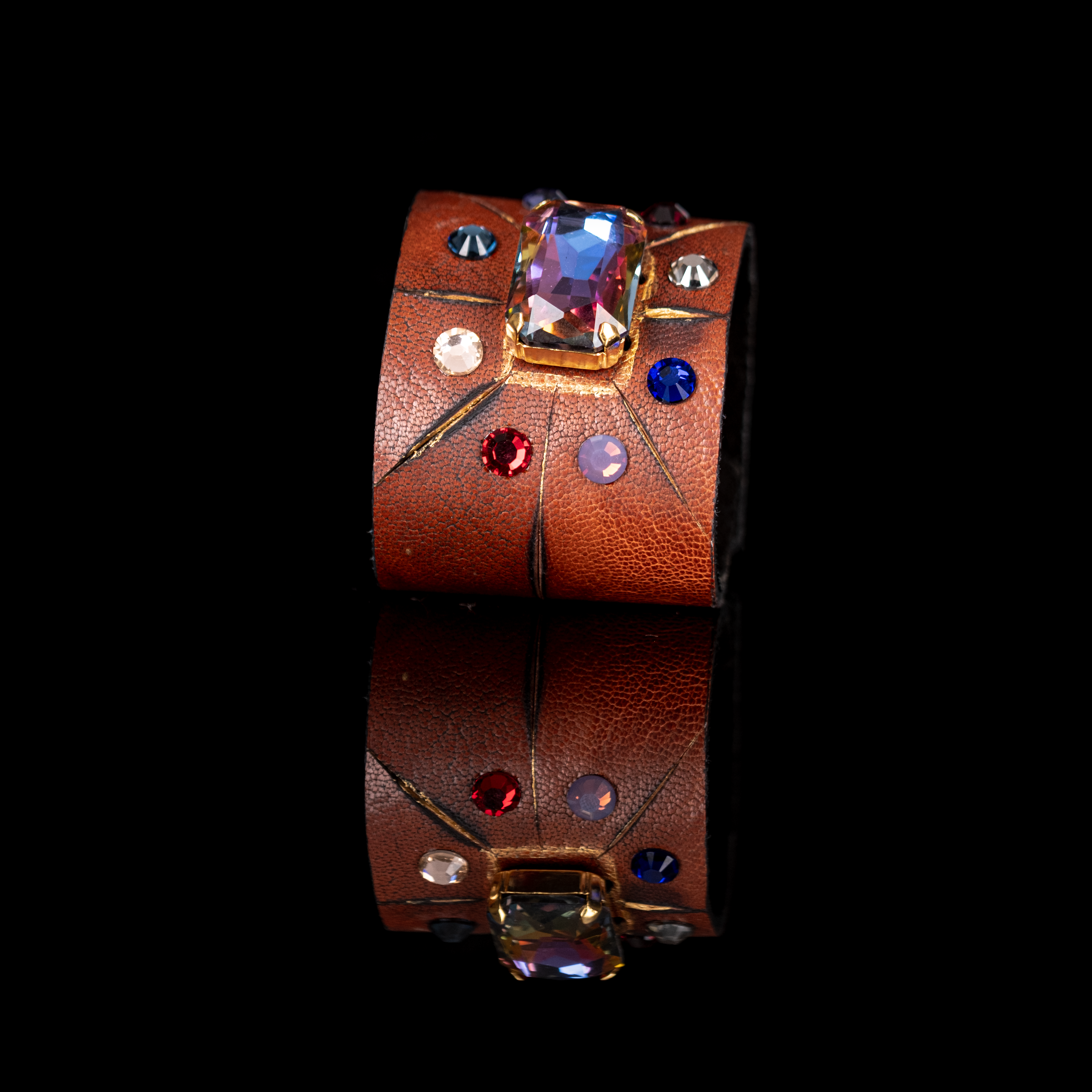Brown leather cuff bracelet with multicolor crystals and large iridescent center stone, wide geometric statement bracelet for women