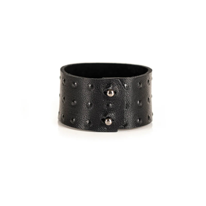 Men's Black Leather Wide Cuff Bracelet Handmade Minimalist Statement Wristband