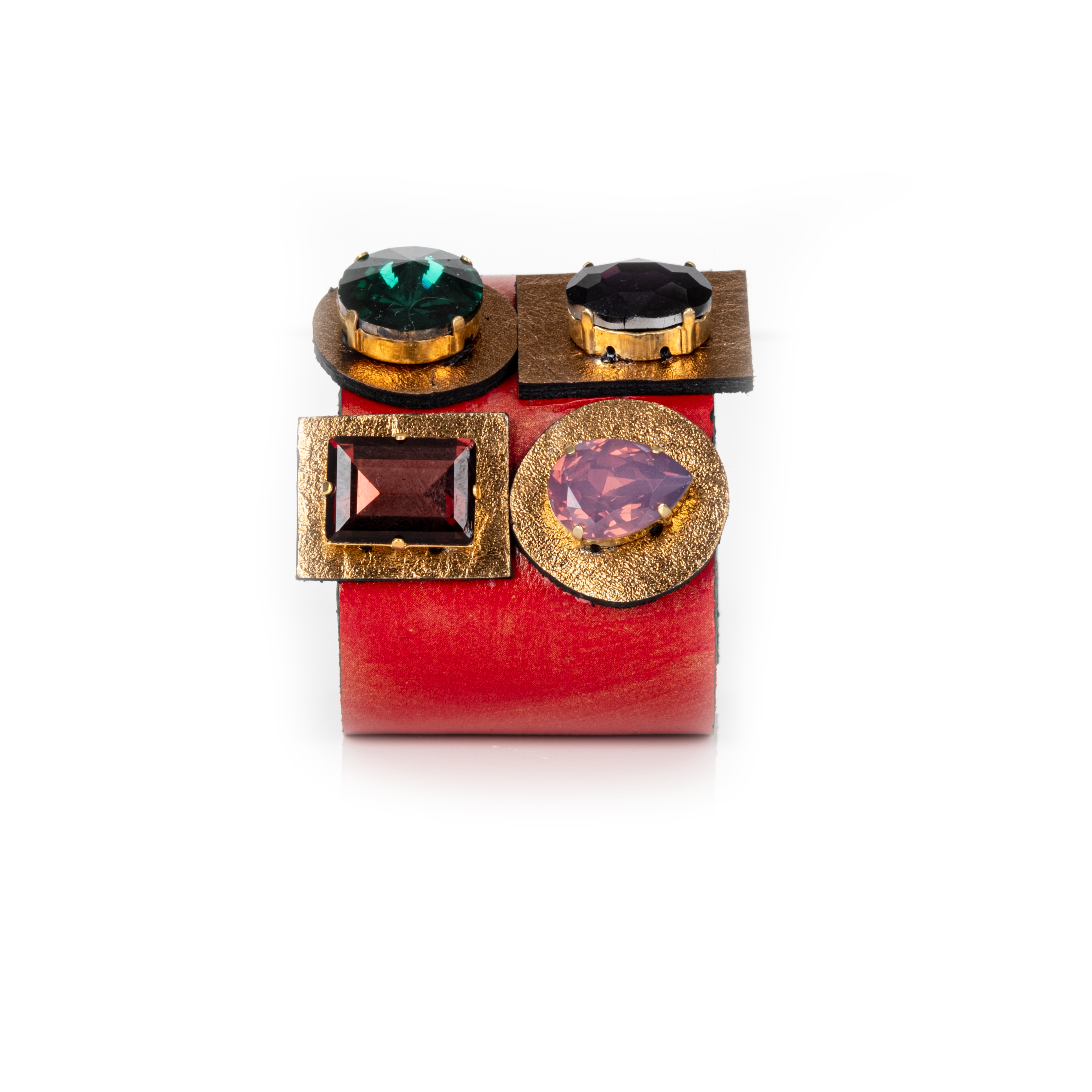 Red leather cuff bracelet with multicolor stones in geometric gold settings