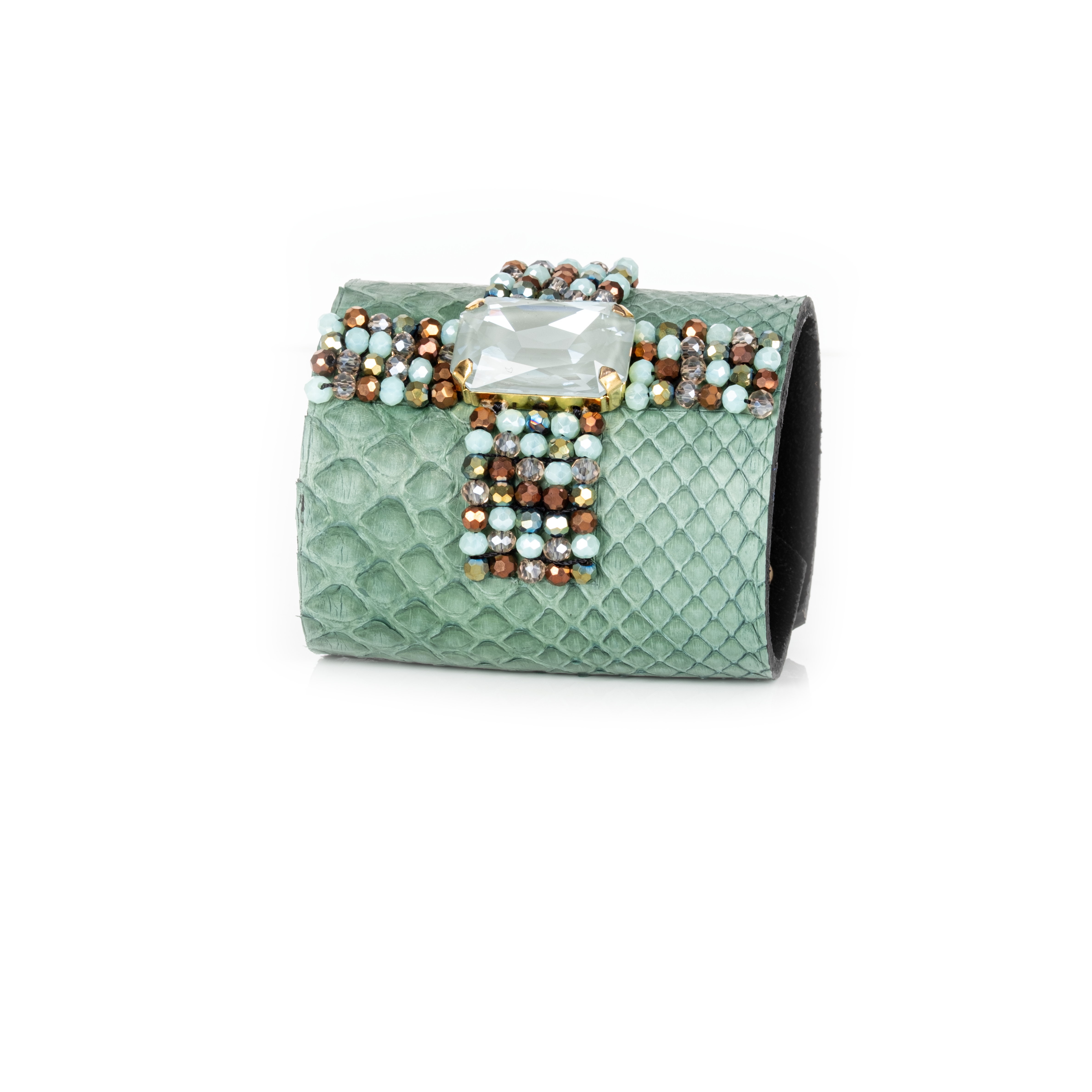 Mint green python leather cuff bracelet with white stone and crystal bead detailing