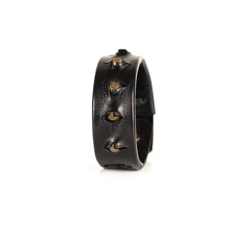 Men's Black Leather Bracelet with Brass Stud Accents Handmade Minimalist Cuff