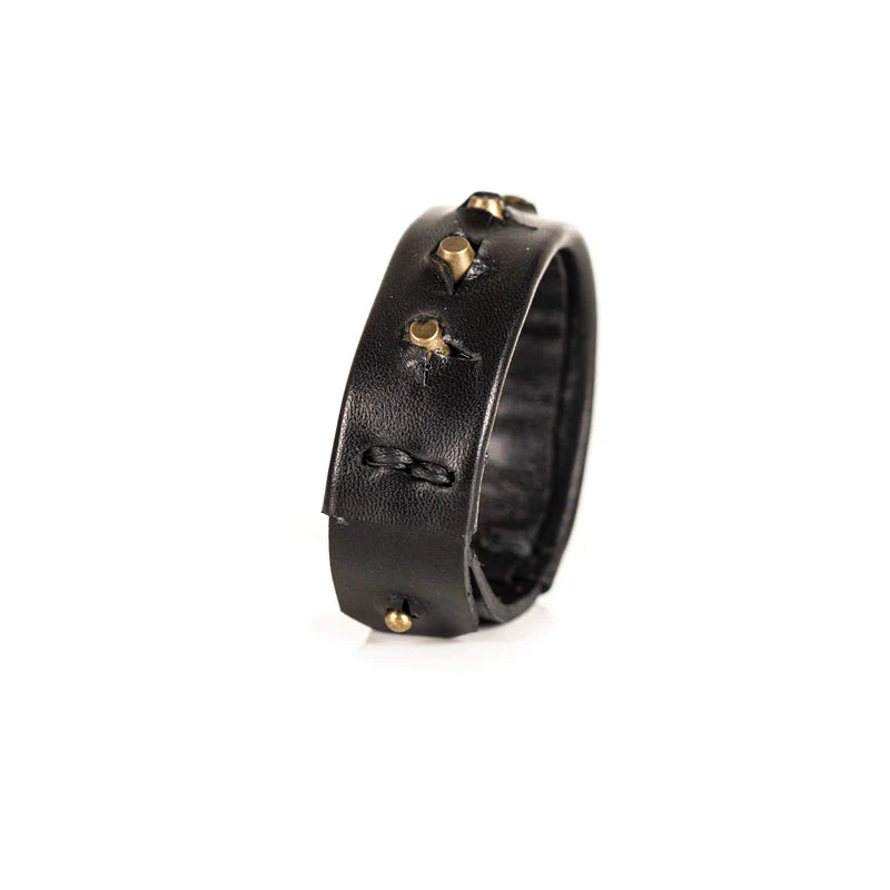 Men's Black Leather Bracelet with Brass Stud Accents Handmade Minimalist Cuff