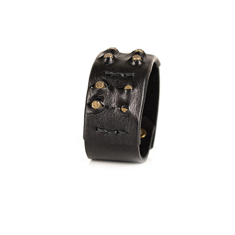 Men's Black Leather Cuff Bracelet with Brass Studs Handmade Rugged Statement Wristband