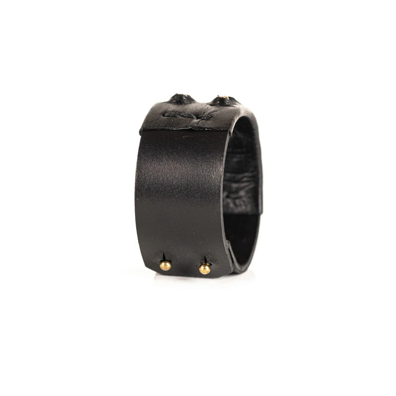 Men's Black Leather Cuff Bracelet with Brass Studs Handmade Rugged Statement Wristband
