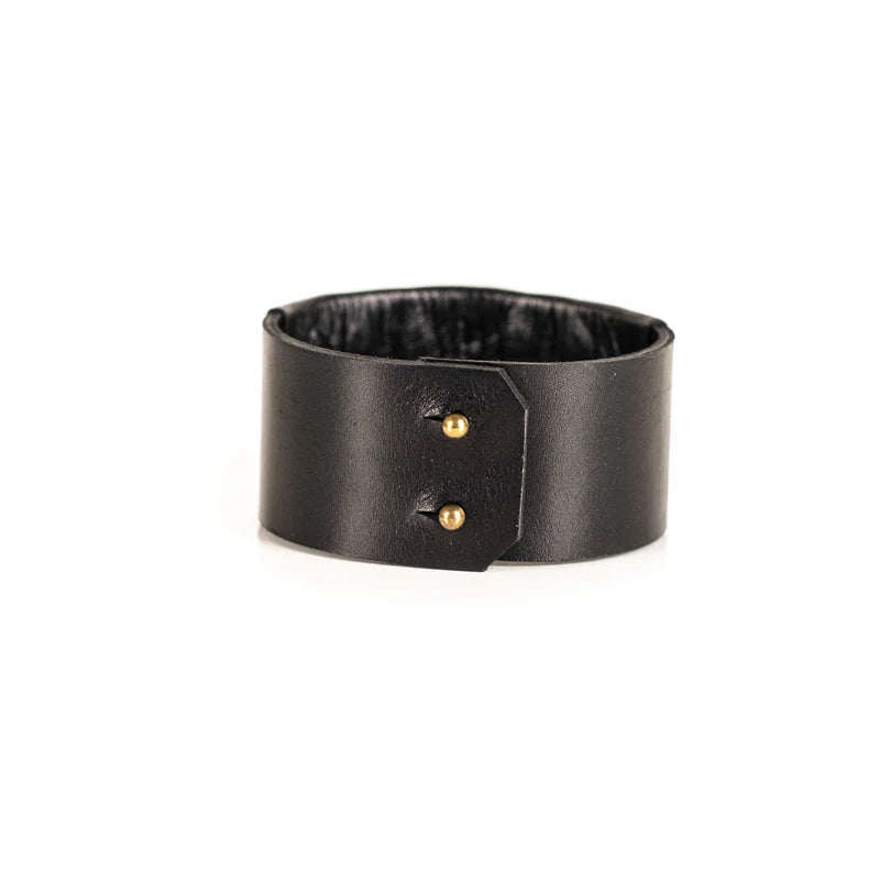 Men's Black Leather Cuff Bracelet with Brass Studs Handmade Rugged Statement Wristband