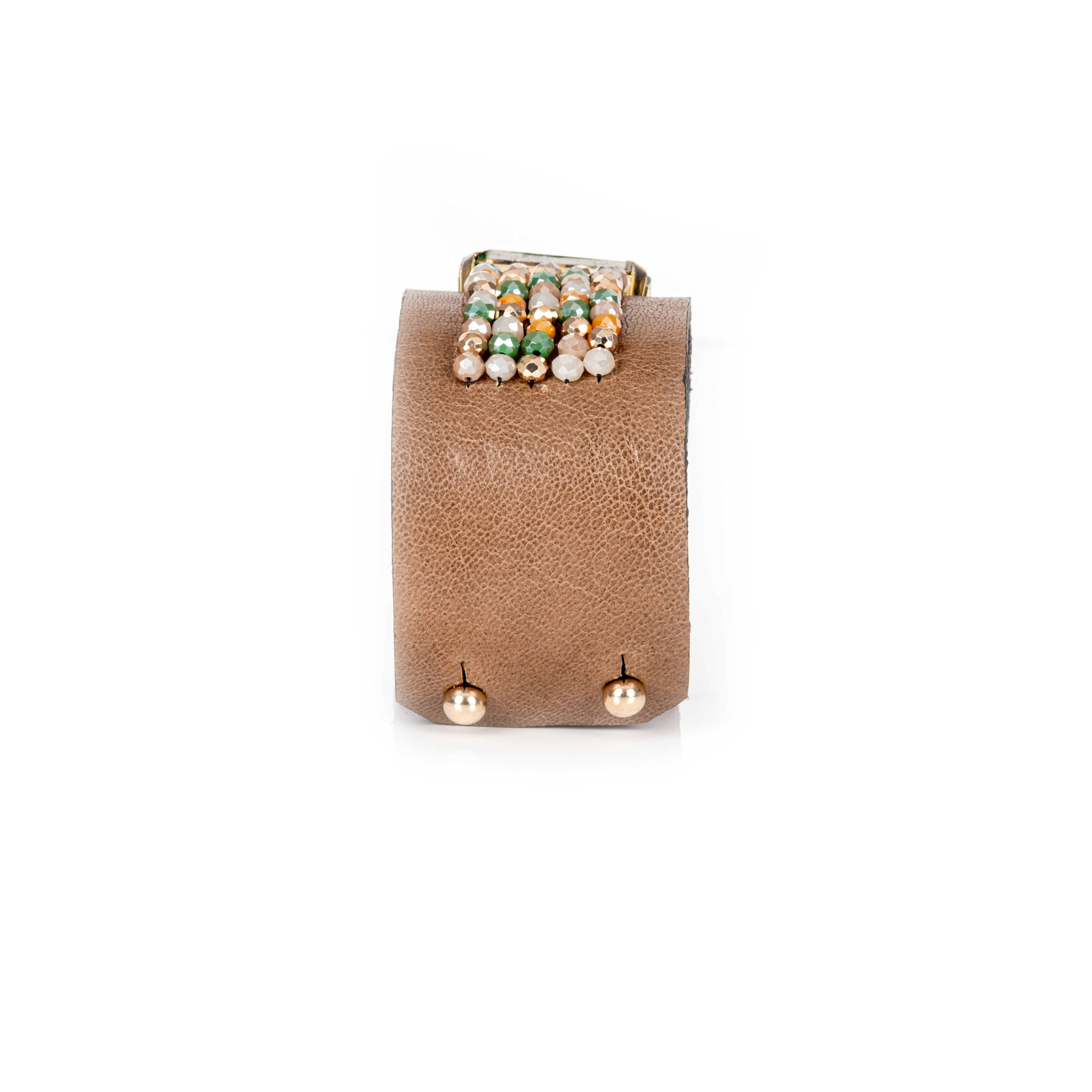 Brown leather cuff bracelet with green crystal centerpiece and multicolor beaded detail