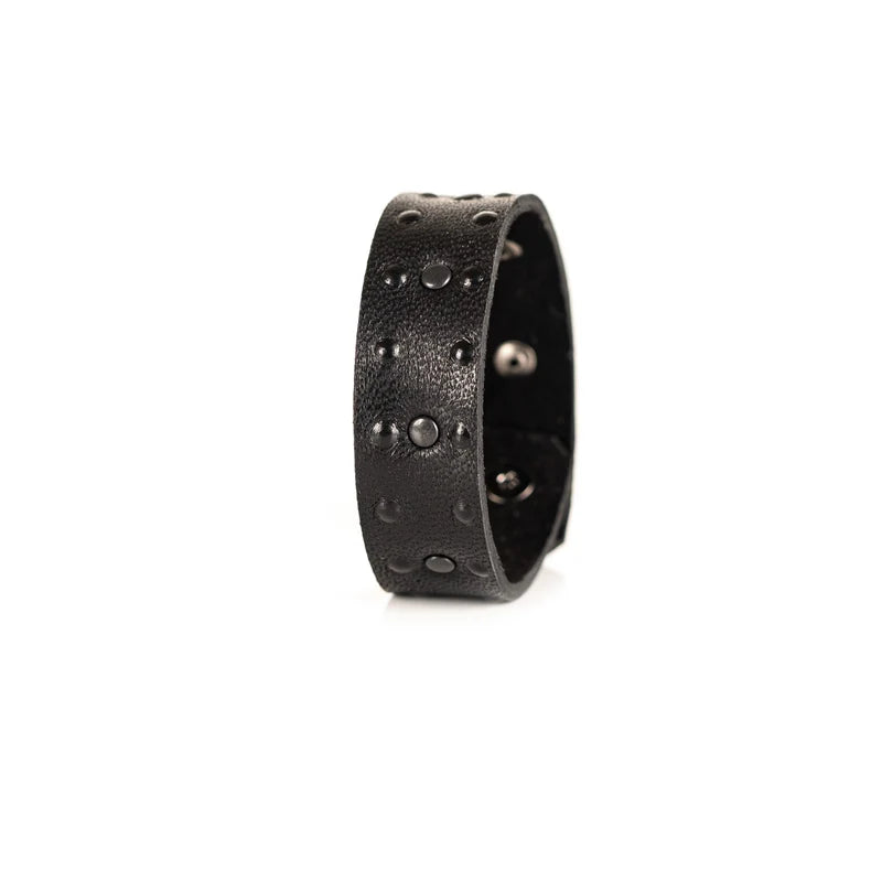 Men's Black Leather Studded Cuff Bracelet Handmade Minimalist Wide Wristband