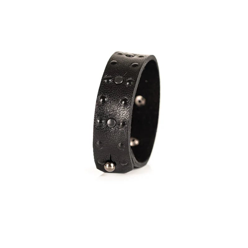 Men's Black Leather Studded Cuff Bracelet Handmade Minimalist Wide Wristband