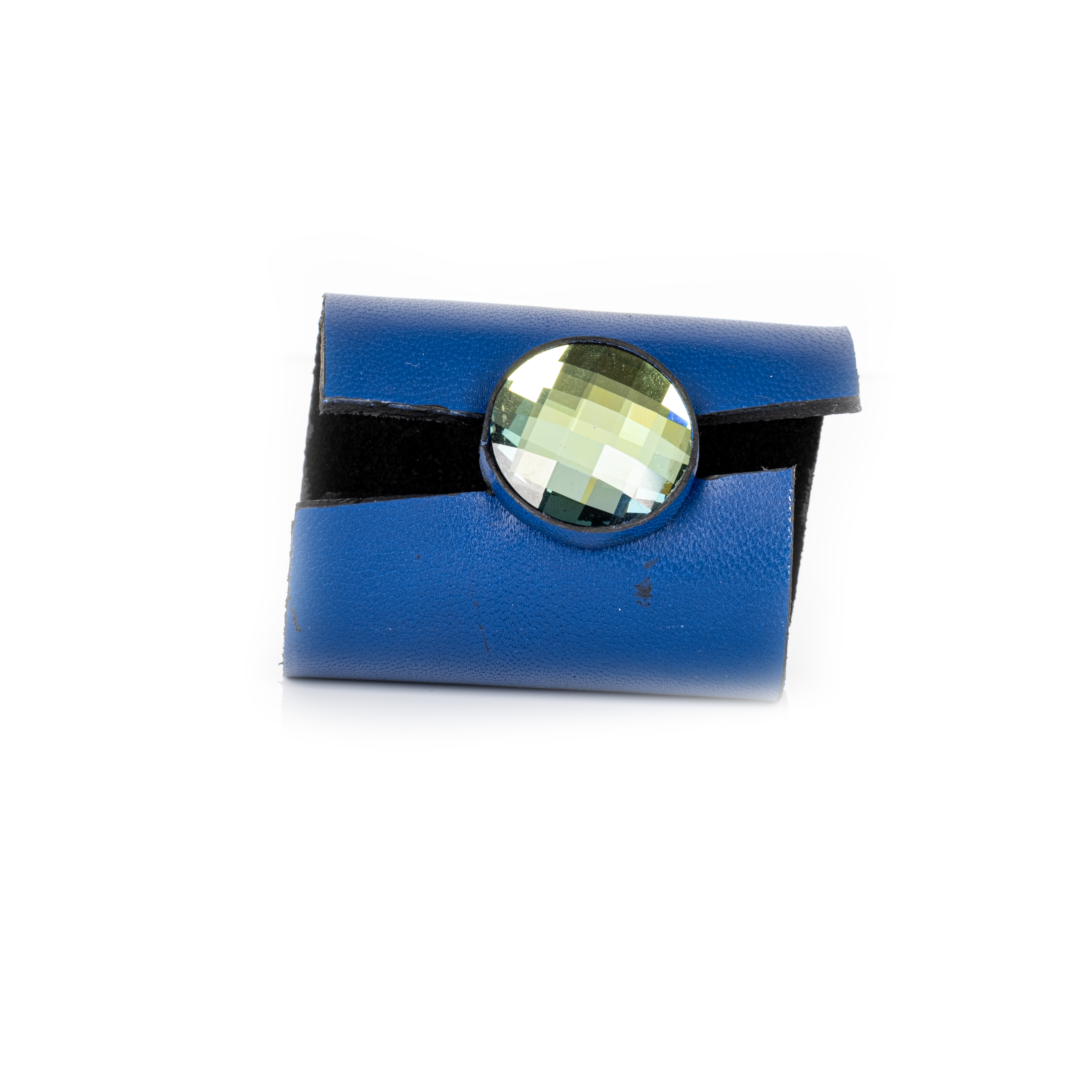 Blue leather cuff bracelet with large faceted crystal centerpiece