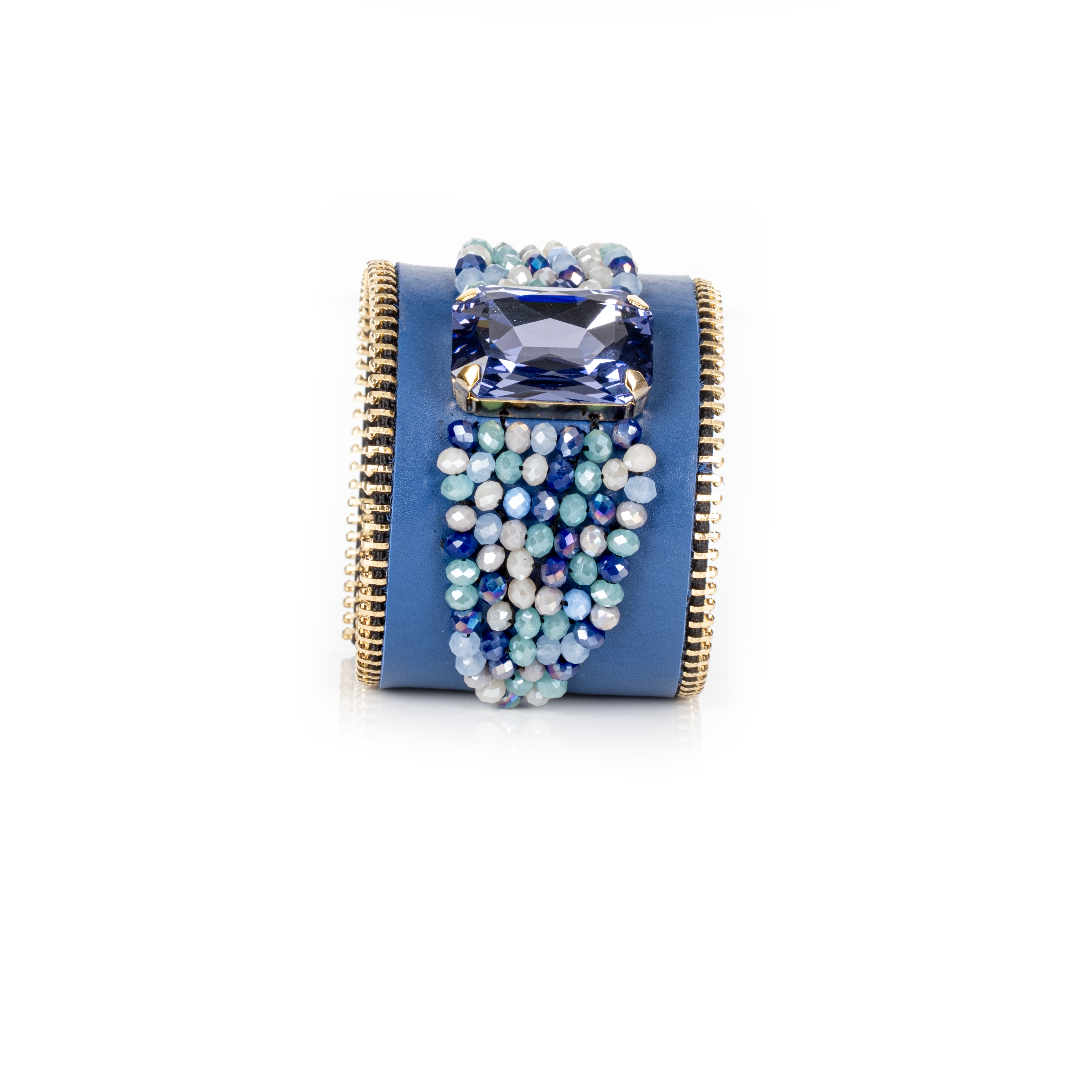 Blue leather cuff bracelet with rectangular crystal and cascading blue bead detail