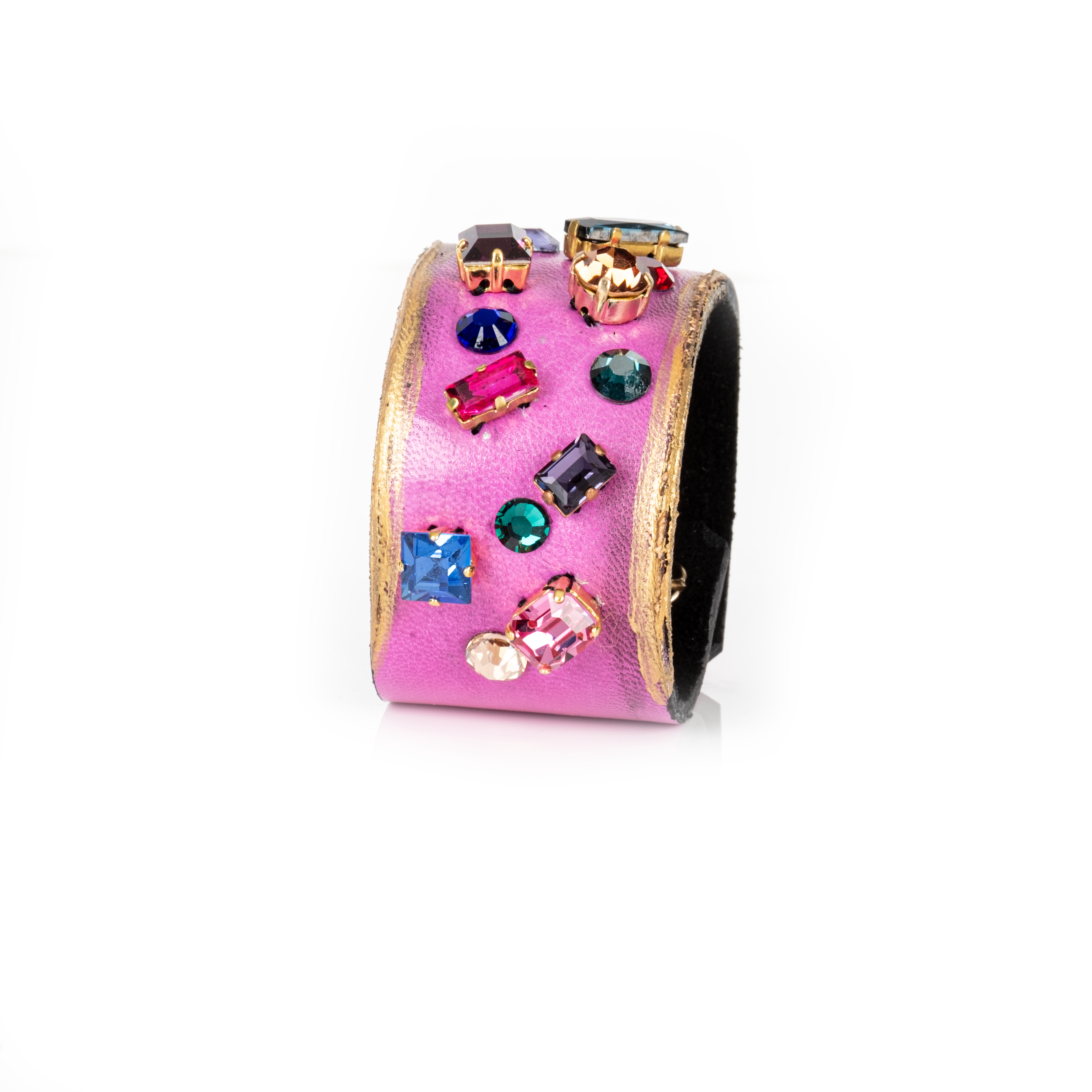 Pink leather cuff bracelet with multicolor crystals and gold edges, wide statement bracelet with colorful gemstone accents for women