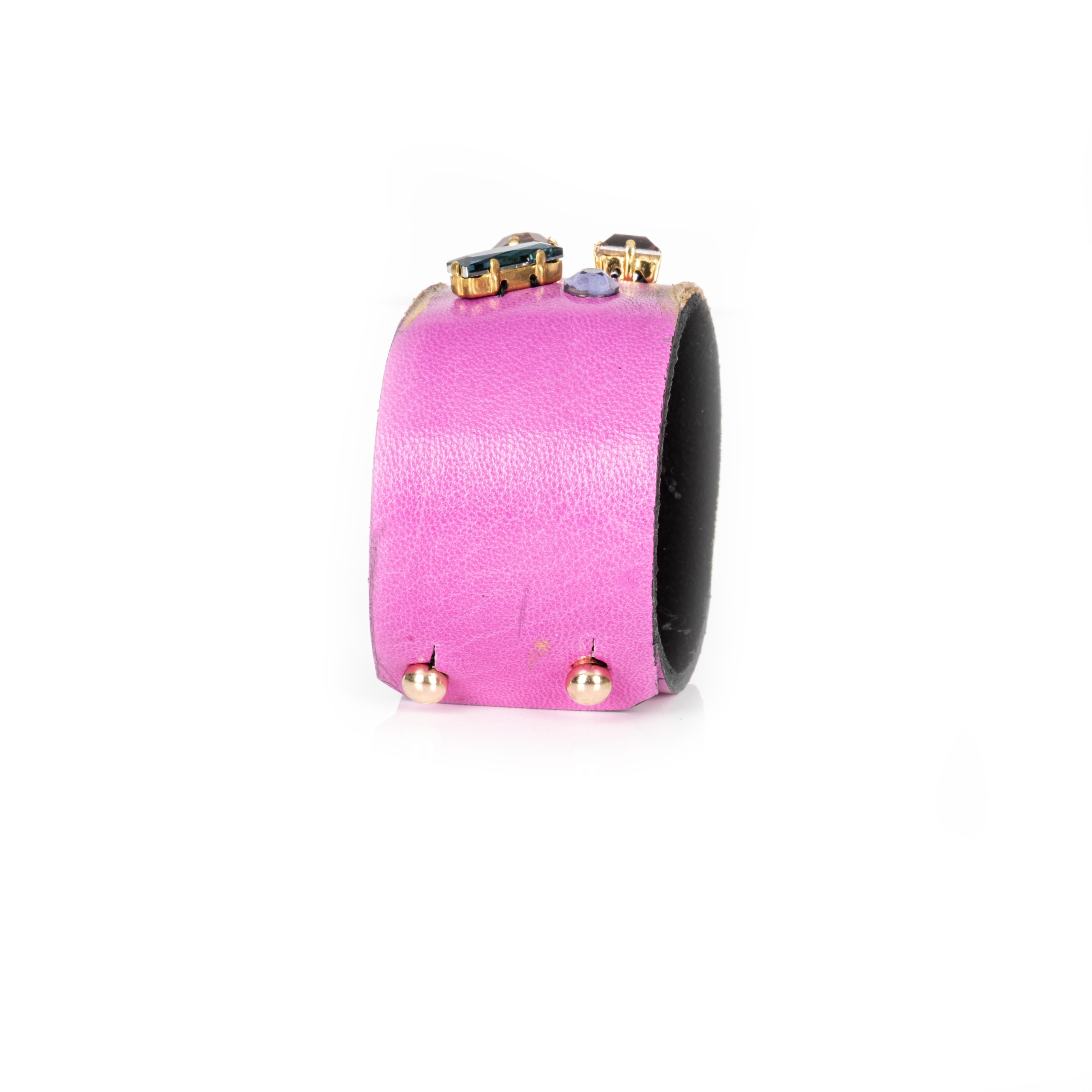 Pink leather cuff bracelet with multicolor crystals and gold edges, wide statement bracelet with colorful gemstone accents for women