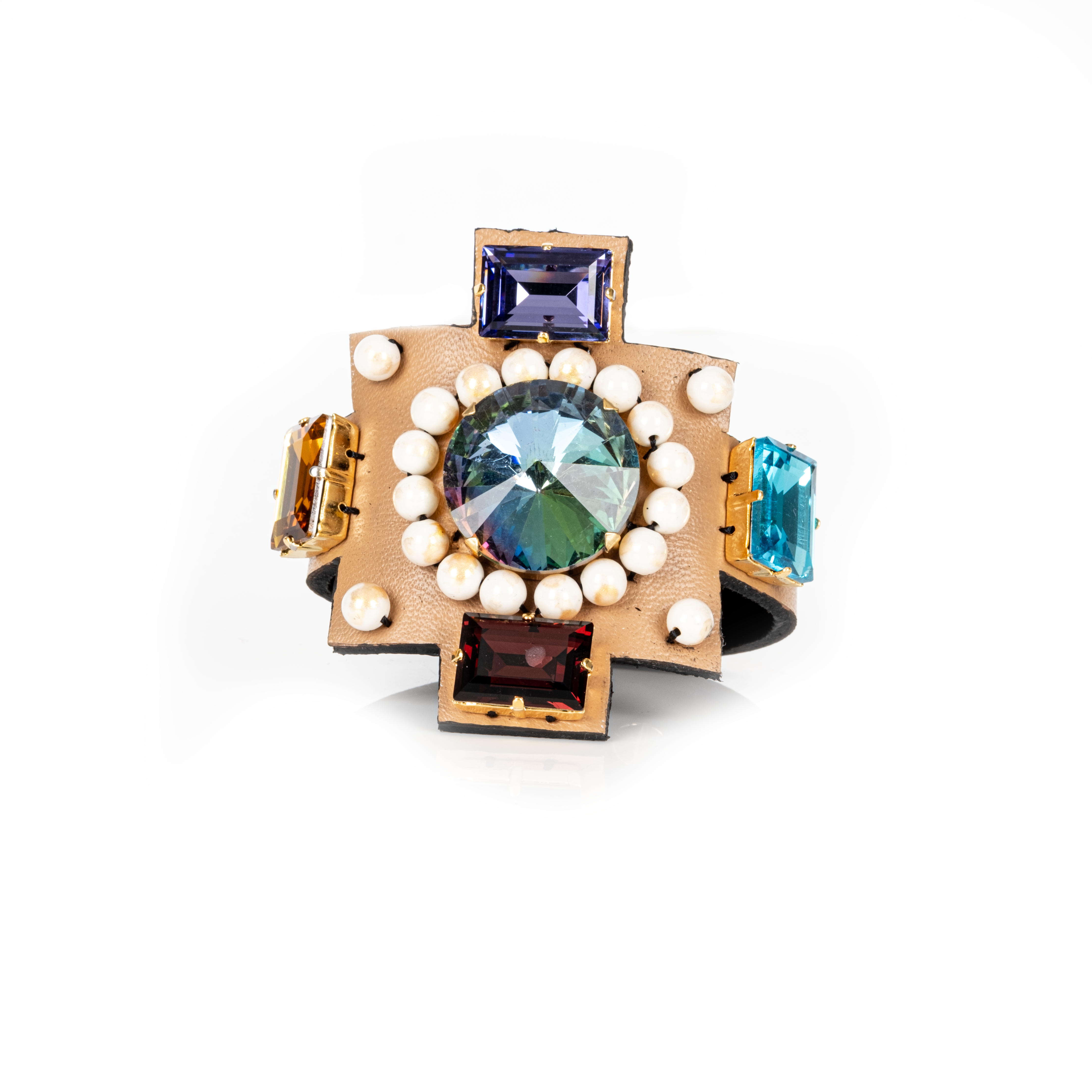Beige leather cuff bracelet with multicolor crystals and pearl accents in cross design