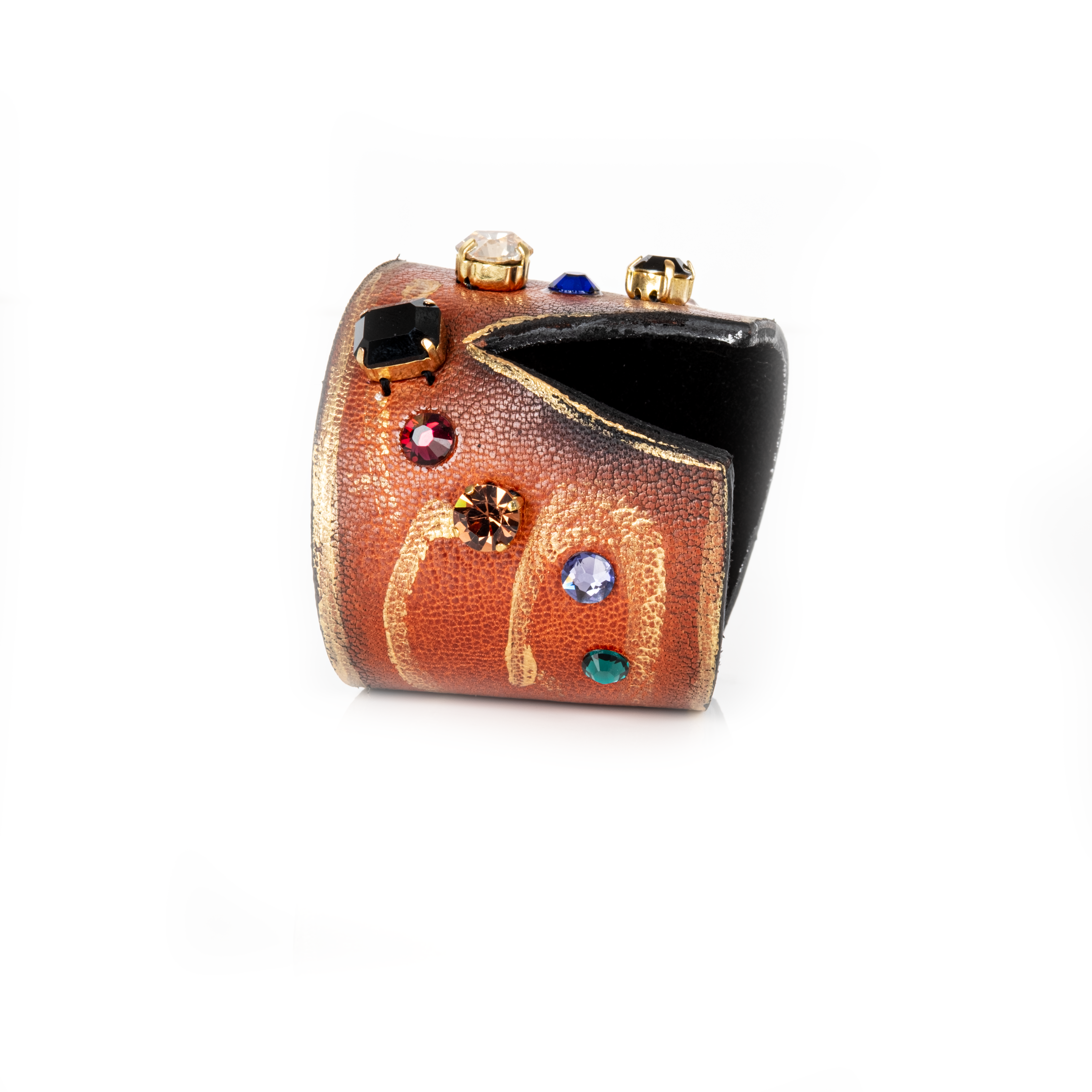 Copper-toned leather cuff bracelet with multicolor crystals and gold detailing