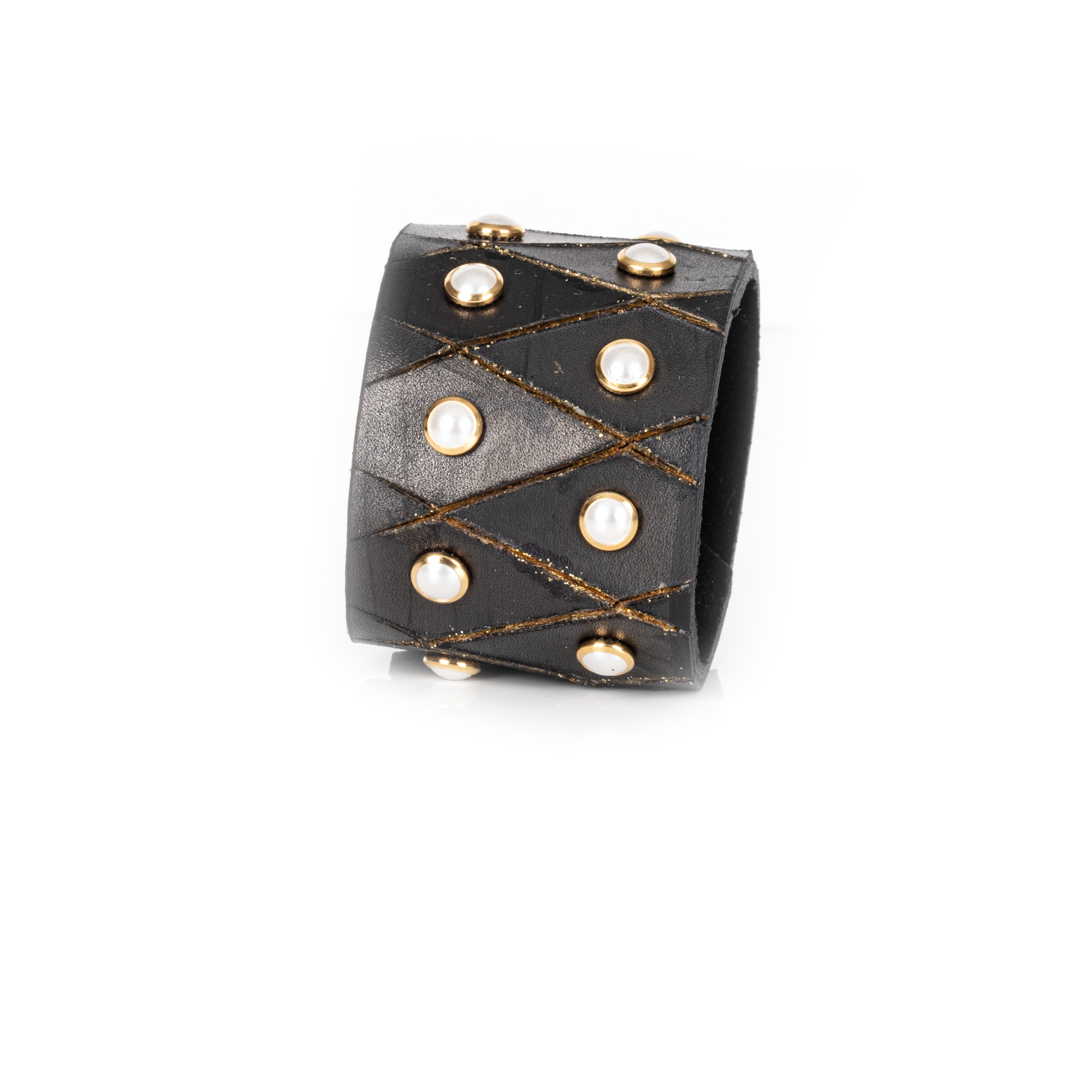 Black leather cuff bracelet with gold studs on a white background