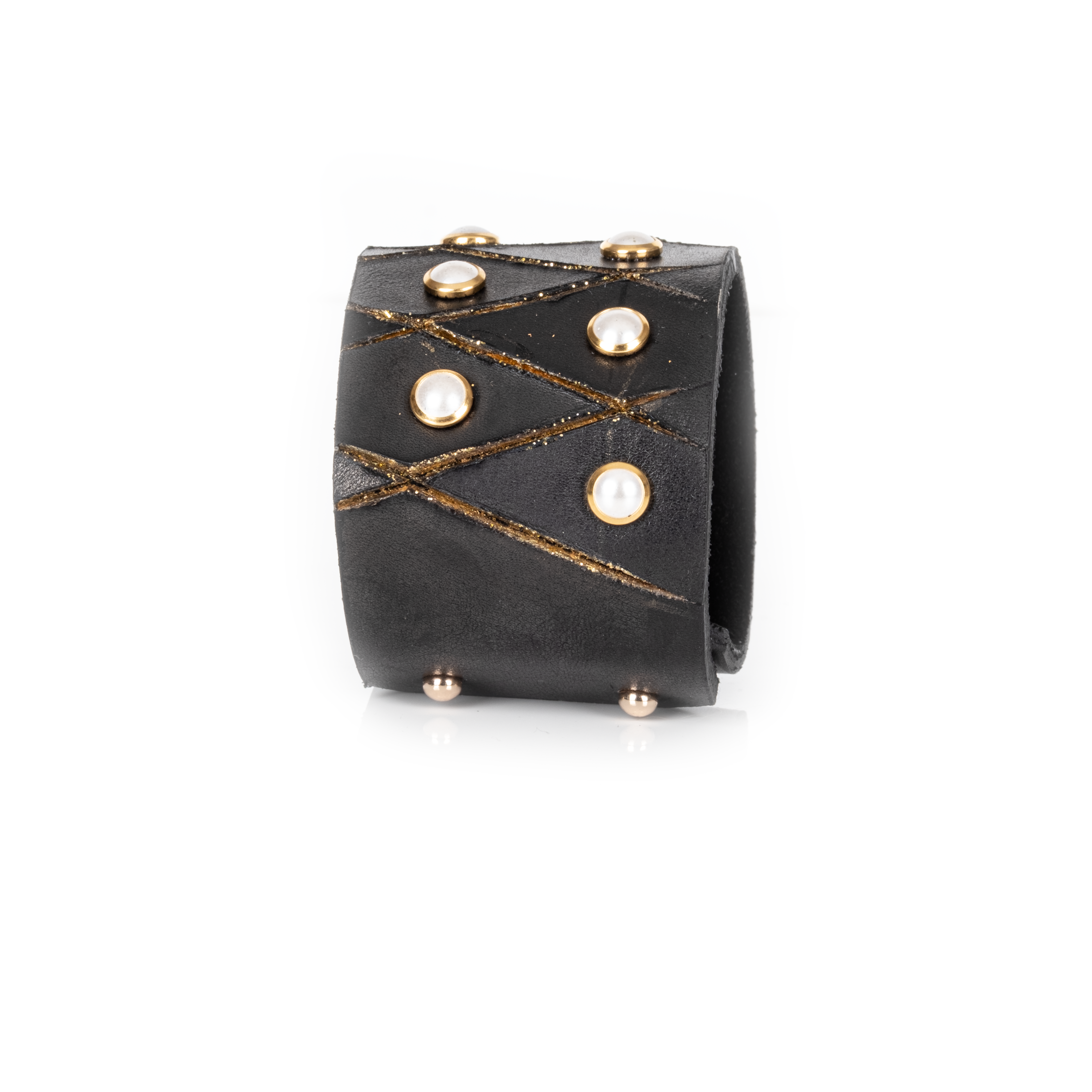 Black leather cuff with gold studs on a white background