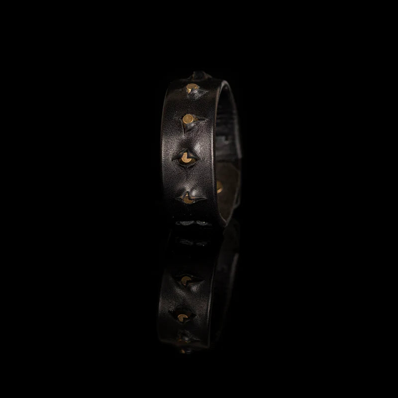 Men's Black Leather Bracelet with Brass Stud Accents Handmade Minimalist Cuff