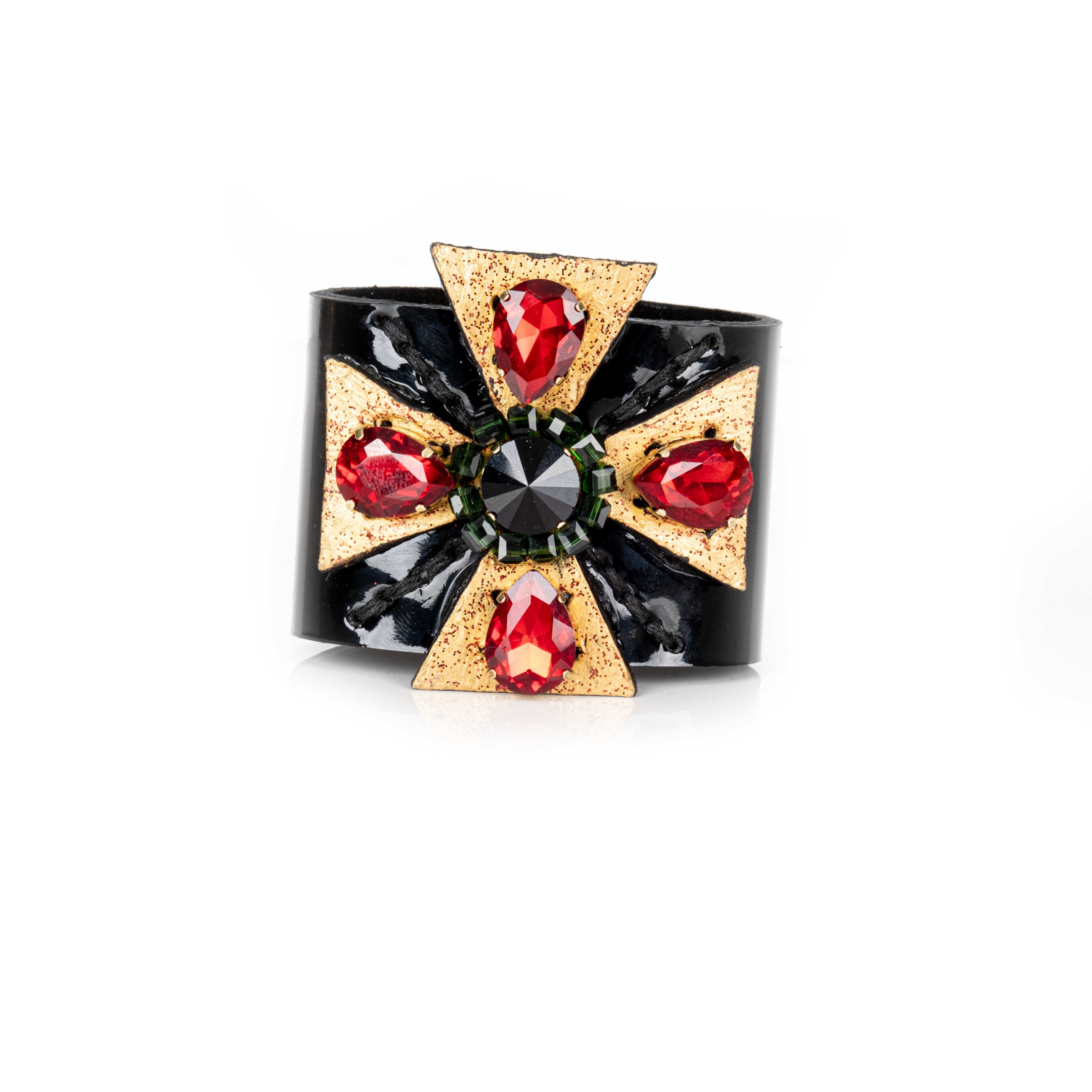 Black leather cuff bracelet with red teardrop crystals and central black stone, gold geometric star design statement bracelet for women