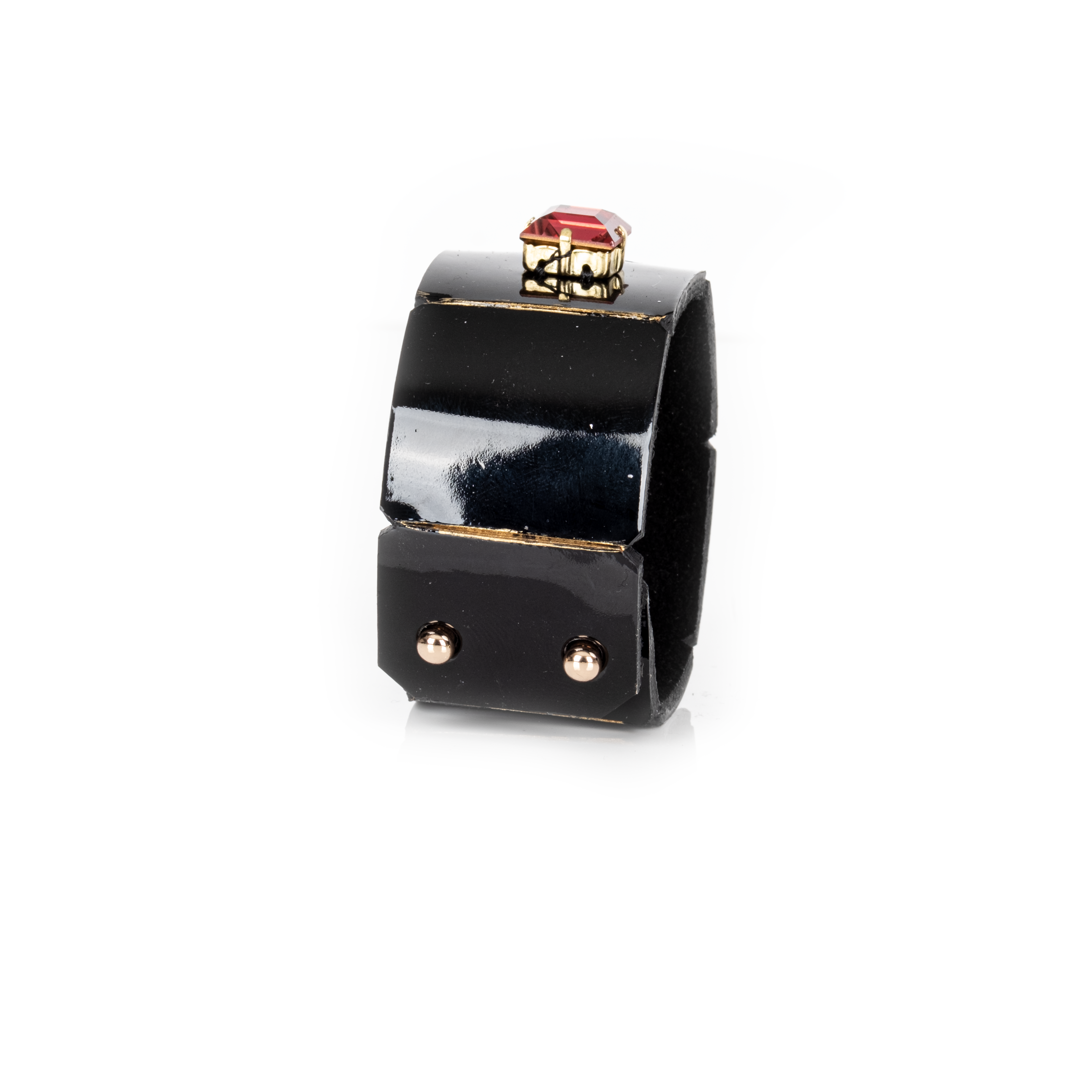 Black leather cuff bracelet with square red and black crystals in gold settings, minimalist geometric statement bracelet for women